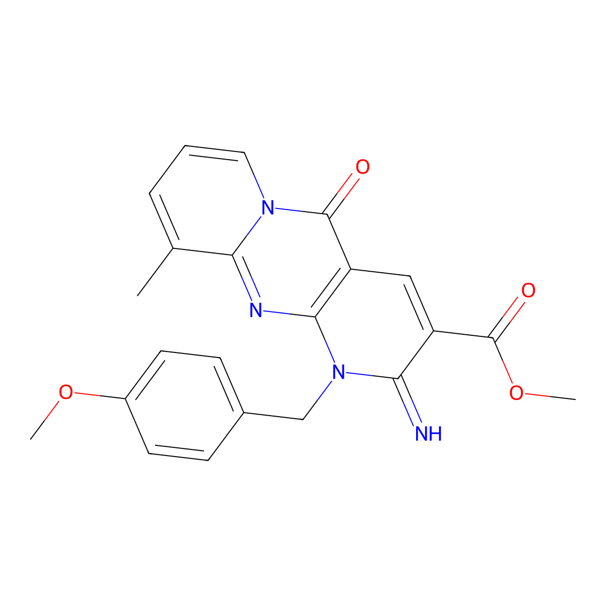 Methyl 6-imino-7-[(4-methoxyphenyl)methyl]-11-methyl-2-oxo-1,7,9-triazatricyclo[8.4.0.0^{3,8}]tetradeca-3(8),4,9,11,13-pentaene-5-carboxylate molecular structure, CAS 371135-38-5