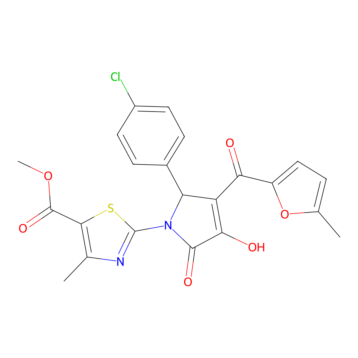 methyl 2-{(3E)-2-(4-chlorophenyl)-3-[hydroxy(5-methylfuran-2-yl)methylidene]-4,5-dioxopyrrolidin-1-yl}-4-methyl-1,3-thiazole-5-carboxylate molecular structure, CAS 371135-50-1