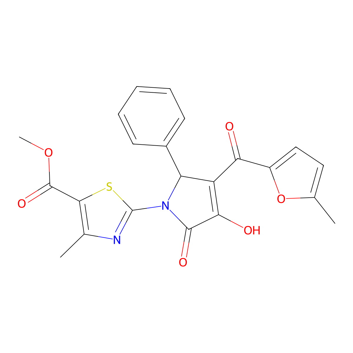 methyl 2-{(3E)-3-[hydroxy(5-methylfuran-2-yl)methylidene]-4,5-dioxo-2-phenylpyrrolidin-1-yl}-4-methyl-1,3-thiazole-5-carboxylate molecular structure, CAS 371135-51-2