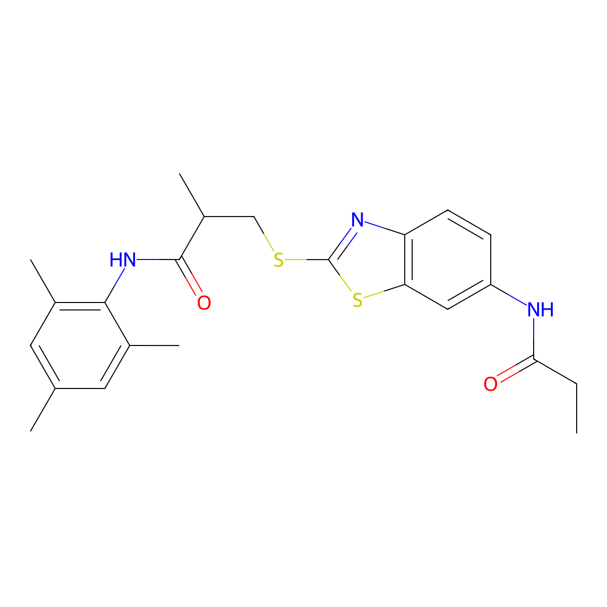 2-methyl-3-[[6-(propanoylamino)-1,3-benzothiazol-2-yl]sulfanyl]-N-(2,4,6-trimethylphenyl)propanamide molecular structure, CAS 371135-68-1