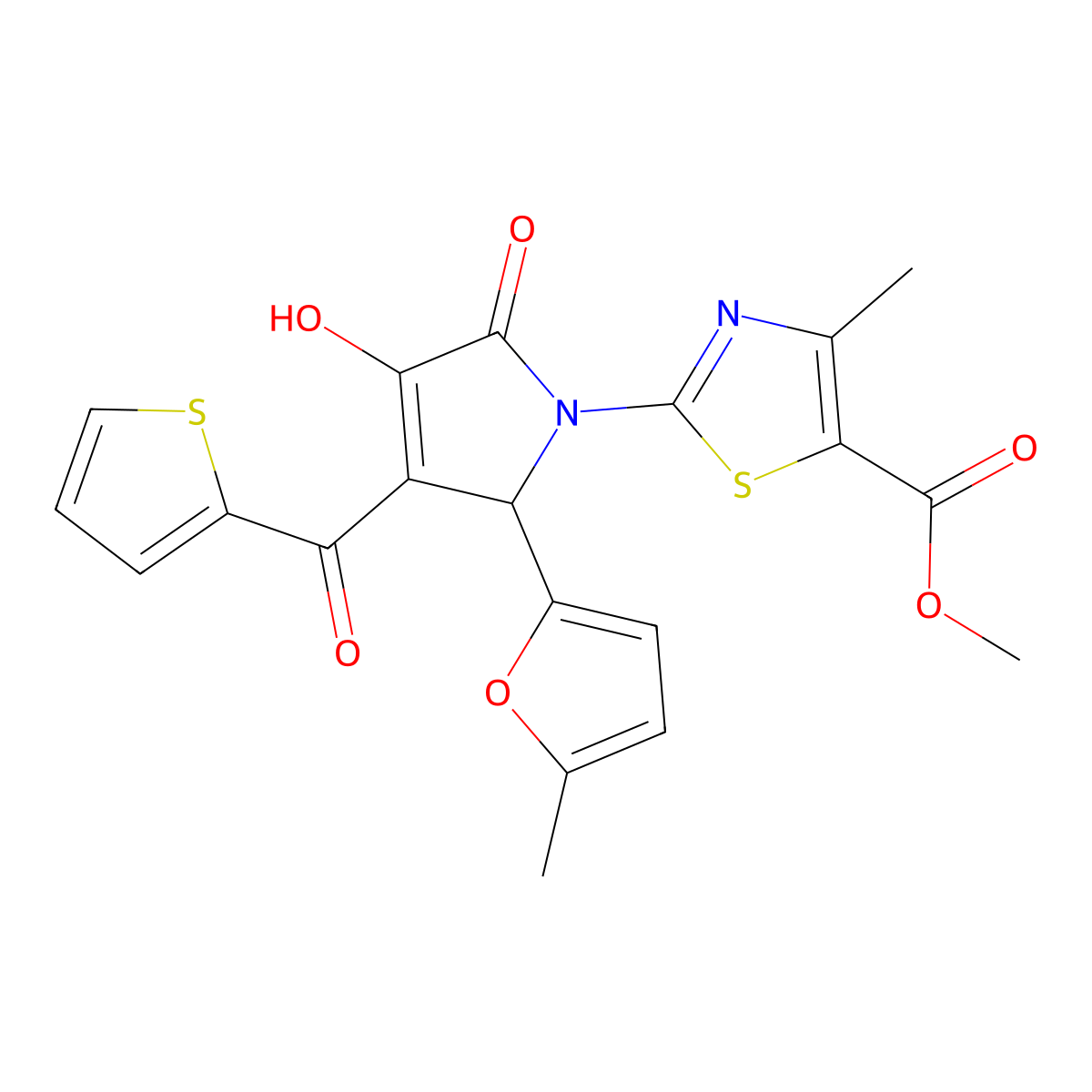 methyl 2-[(3E)-3-[hydroxy(thiophen-2-yl)methylidene]-2-(5-methylfuran-2-yl)-4,5-dioxopyrrolidin-1-yl]-4-methyl-1,3-thiazole-5-carboxylate molecular structure, CAS 371135-69-2