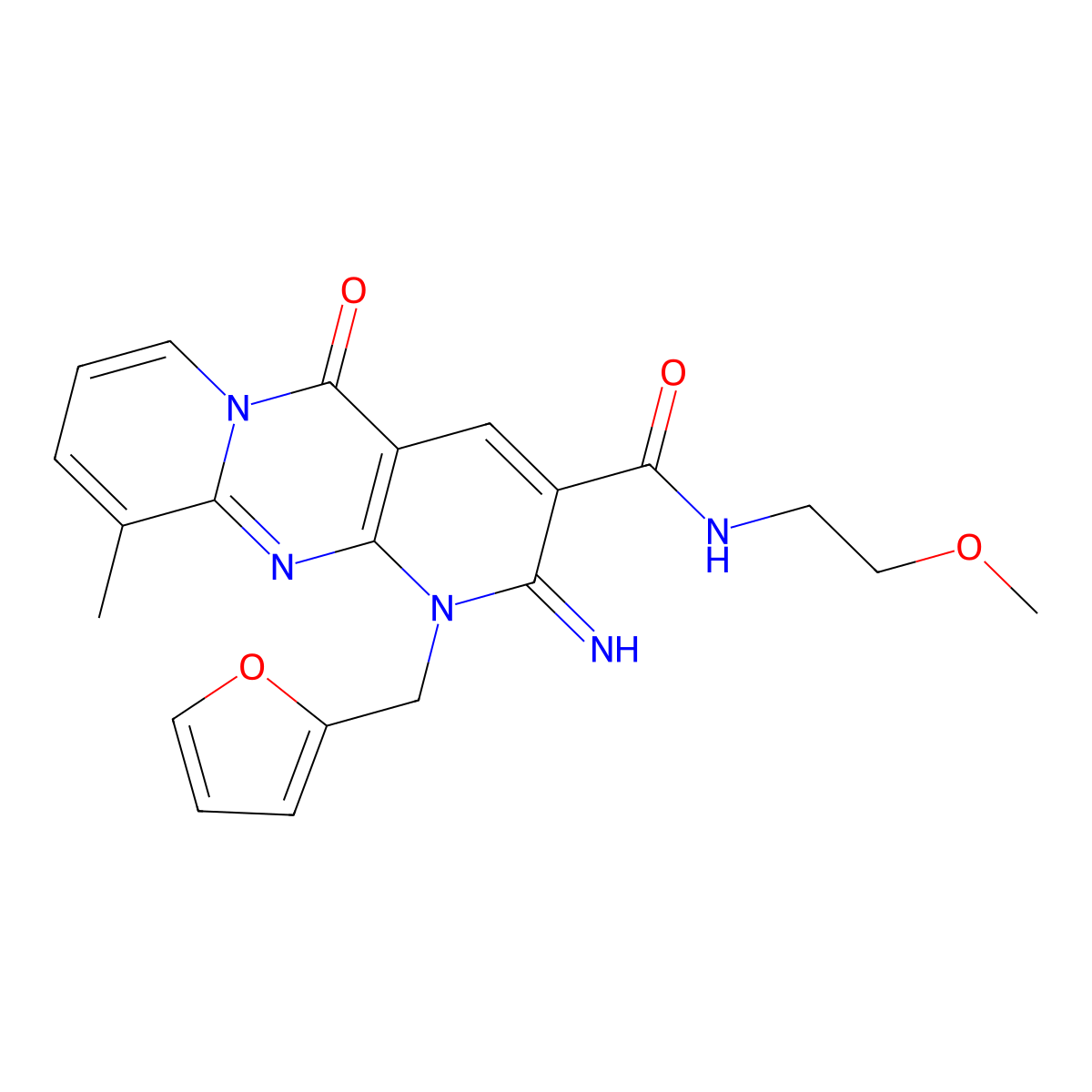 1-(2-furylmethyl)-2-imino-N-(2-methoxyethyl)-10-methyl-5-oxo-1,5-dihydro-2H-dipyrido[1,2-a:2,3-d]pyrimidine-3-carboxamide molecular structure, CAS 371135-70-5