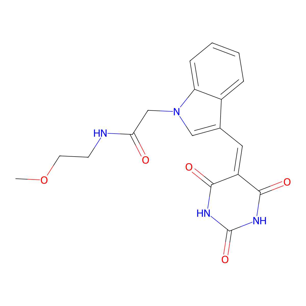 N-(2-methoxyethyl)-2-[3-[(2,4,6-trioxo-1,3-diazinan-5-ylidene)methyl]indol-1-yl]acetamide molecular structure, CAS 371135-81-8