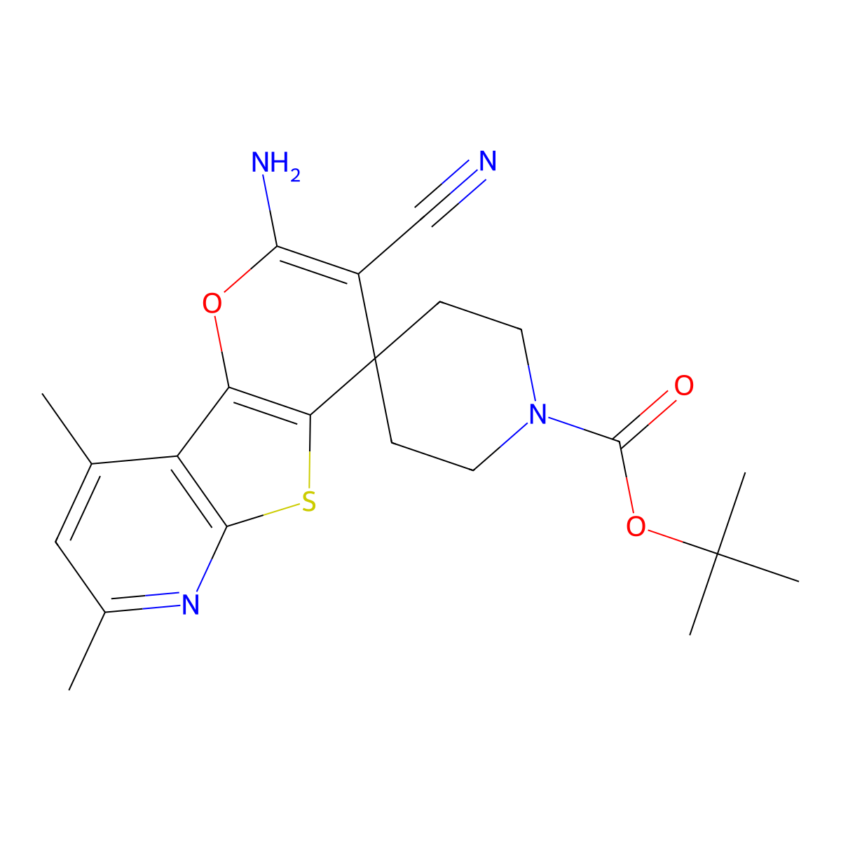 tert-butyl 2'-amino-3'-cyano-7',9'-dimethyl-1H-spiro[piperidine-4,4'-pyrano[2',3':4,5]thieno[2,3-b]pyridine]-1-carboxylate molecular structure, CAS 371136-07-1