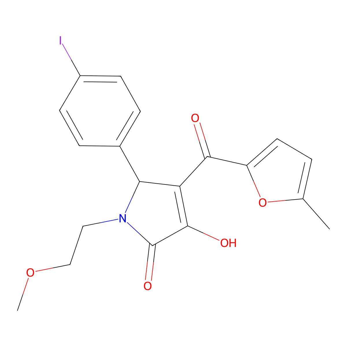 (4E)-4-[hydroxy(5-methylfuran-2-yl)methylidene]-5-(4-iodophenyl)-1-(2-methoxyethyl)pyrrolidine-2,3-dione molecular structure, CAS 371136-14-0