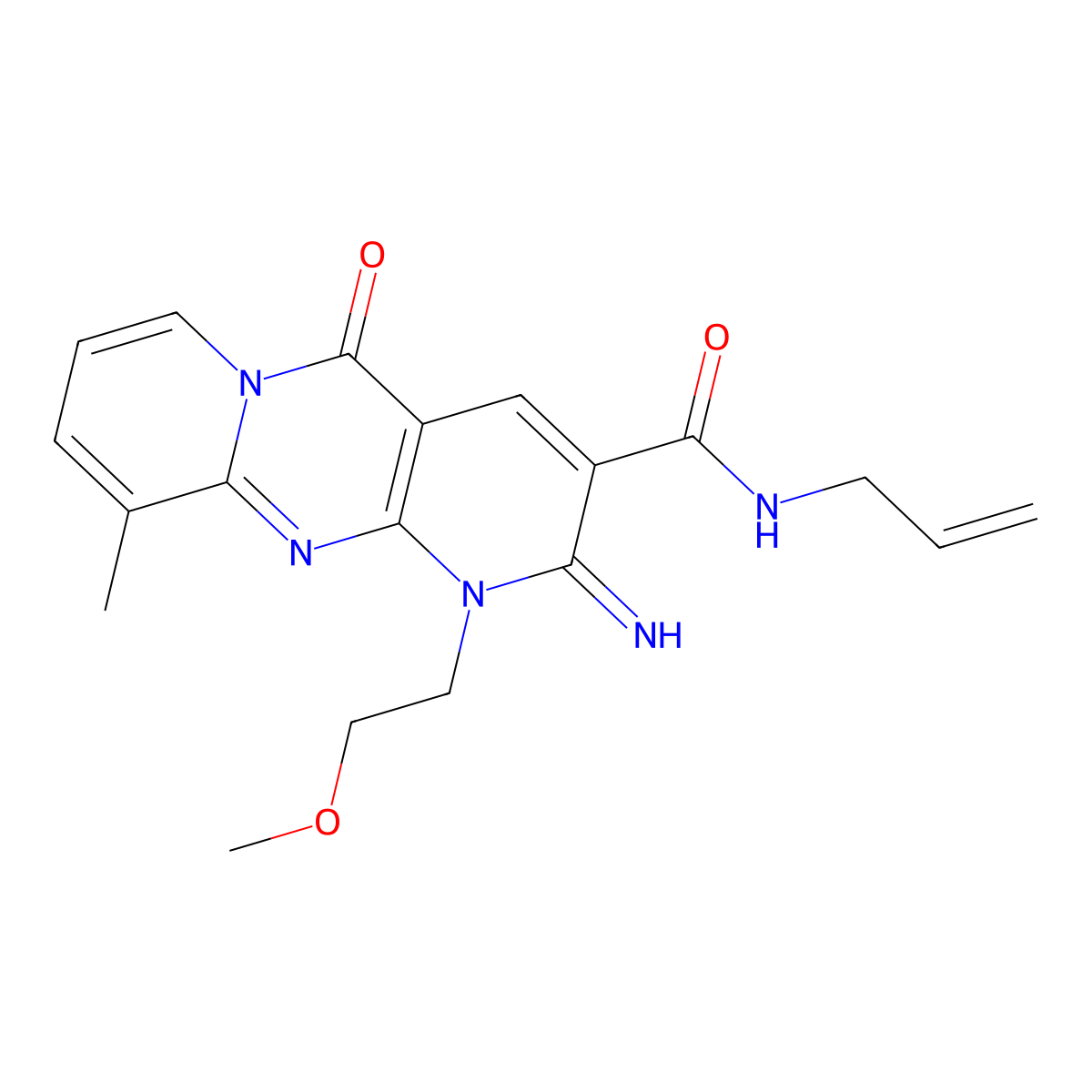 N-Allyl-2-imino-1-(2-methoxyethyl)-10-methyl-5-oxo-1,5-dihydro-2H-dipyrido(1,2-A:2,3-D)pyrimidine-3-carboxamide molecular structure, CAS 371137-31-4
