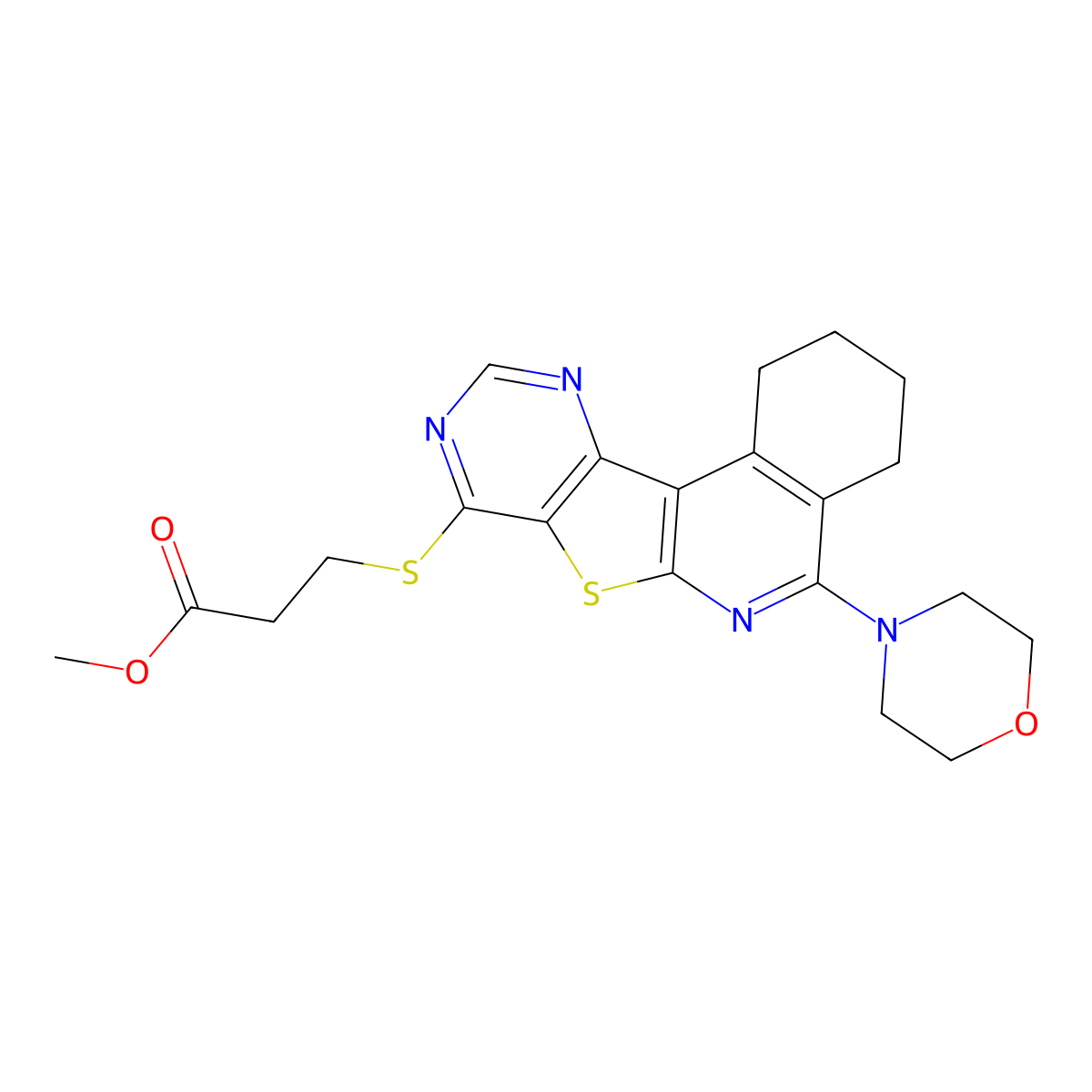 Methyl 3-((5-morpholino-1,2,3,4-tetrahydropyrimido[4',5':4,5]thieno[2,3-c]isoquinolin-8-yl)thio)propanoate molecular structure, CAS 371137-42-7