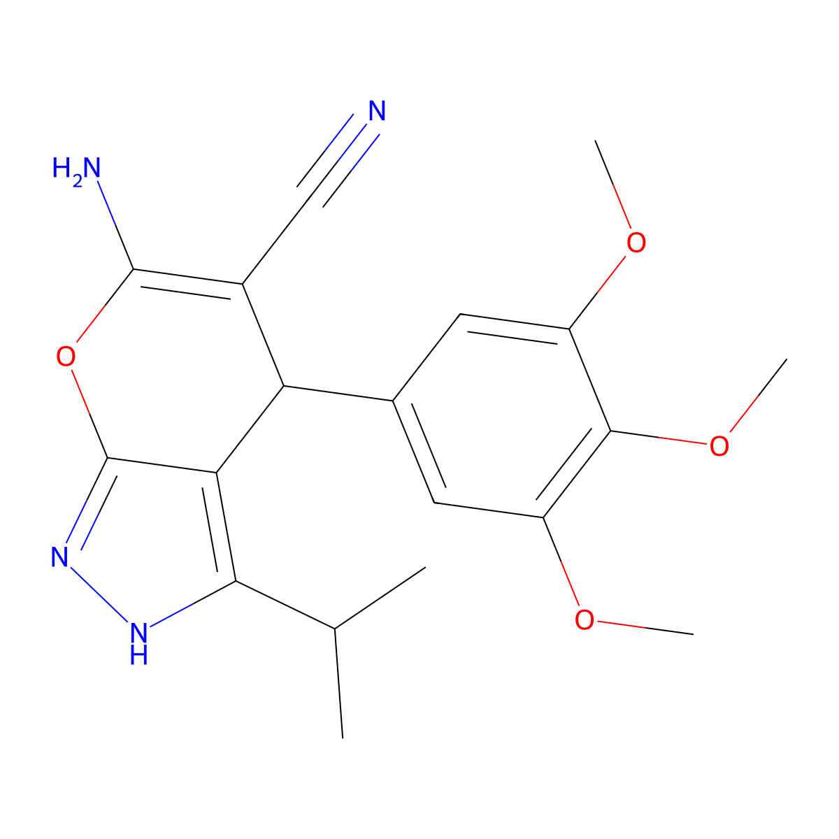 6-Amino-3-isopropyl-4-(3,4,5-trimethoxyphenyl)-2,4-dihydropyrano[2,3-c]pyrazole-5-carbonitrile molecular structure, CAS 371137-70-1