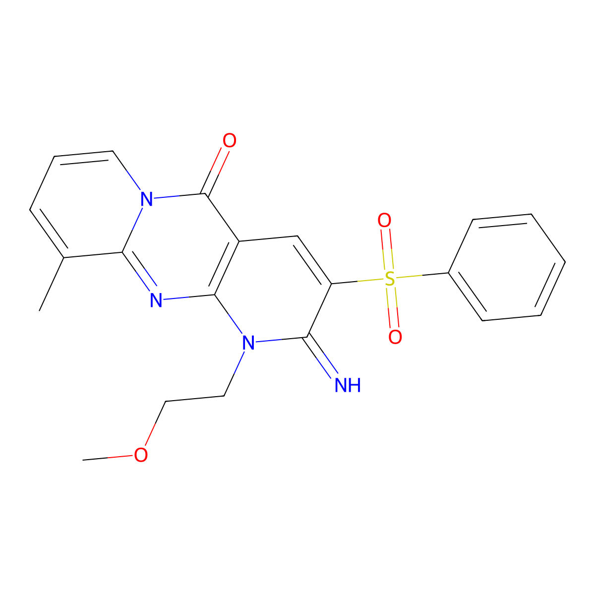 2-Imino-1-(2-methoxyethyl)-10-methyl-3-(phenylsulfonyl)-1,2-dihydro-5H-dipyrido(1,2-A:2,3-D)pyrimidin-5-one molecular structure, CAS 371137-97-2