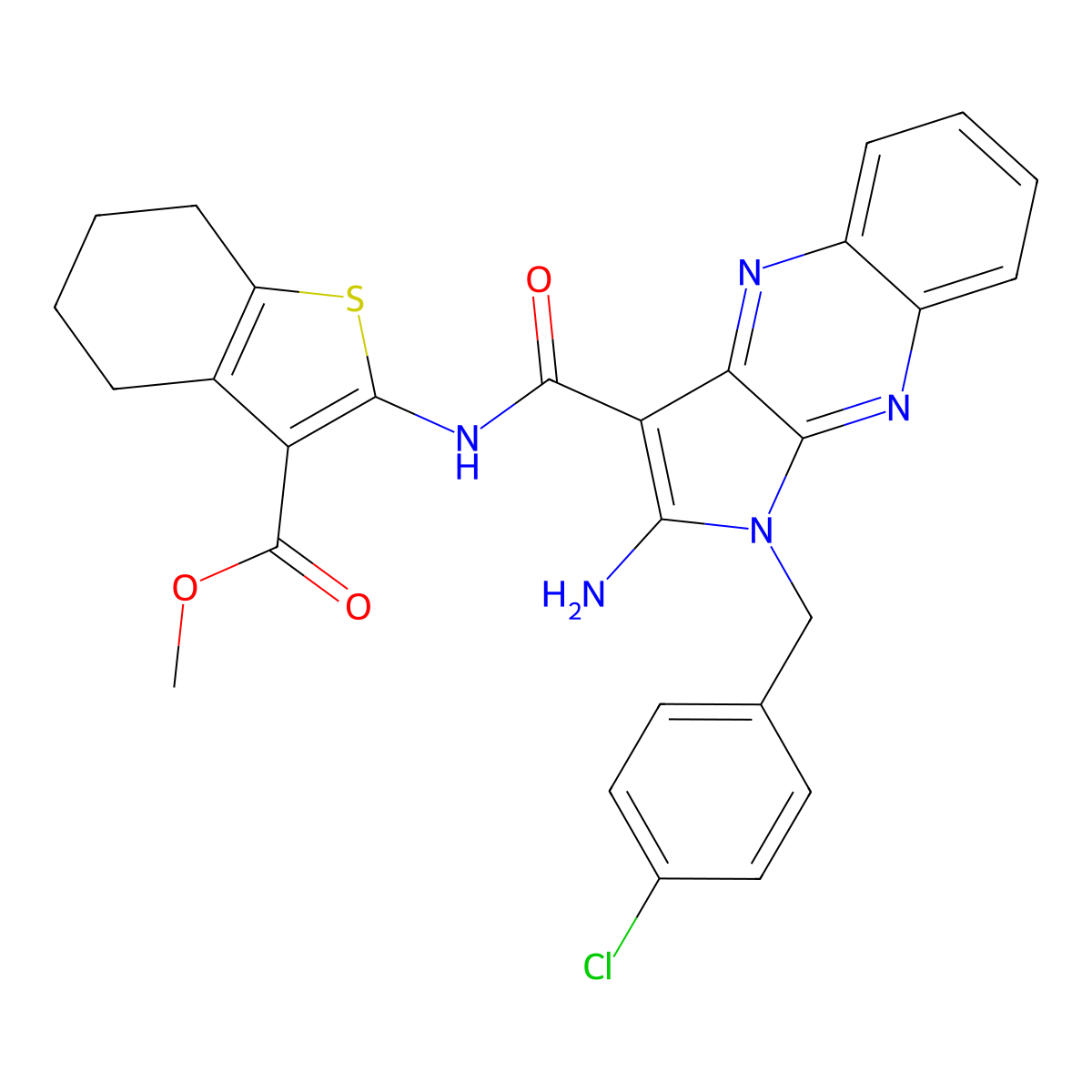 methyl 2-({[2-amino-1-(4-chlorobenzyl)-1H-pyrrolo[2,3-b]quinoxalin-3-yl]carbonyl}amino)-4,5,6,7-tetrahydro-1-benzothiophene-3-carboxylate molecular structure, CAS 371138-15-7