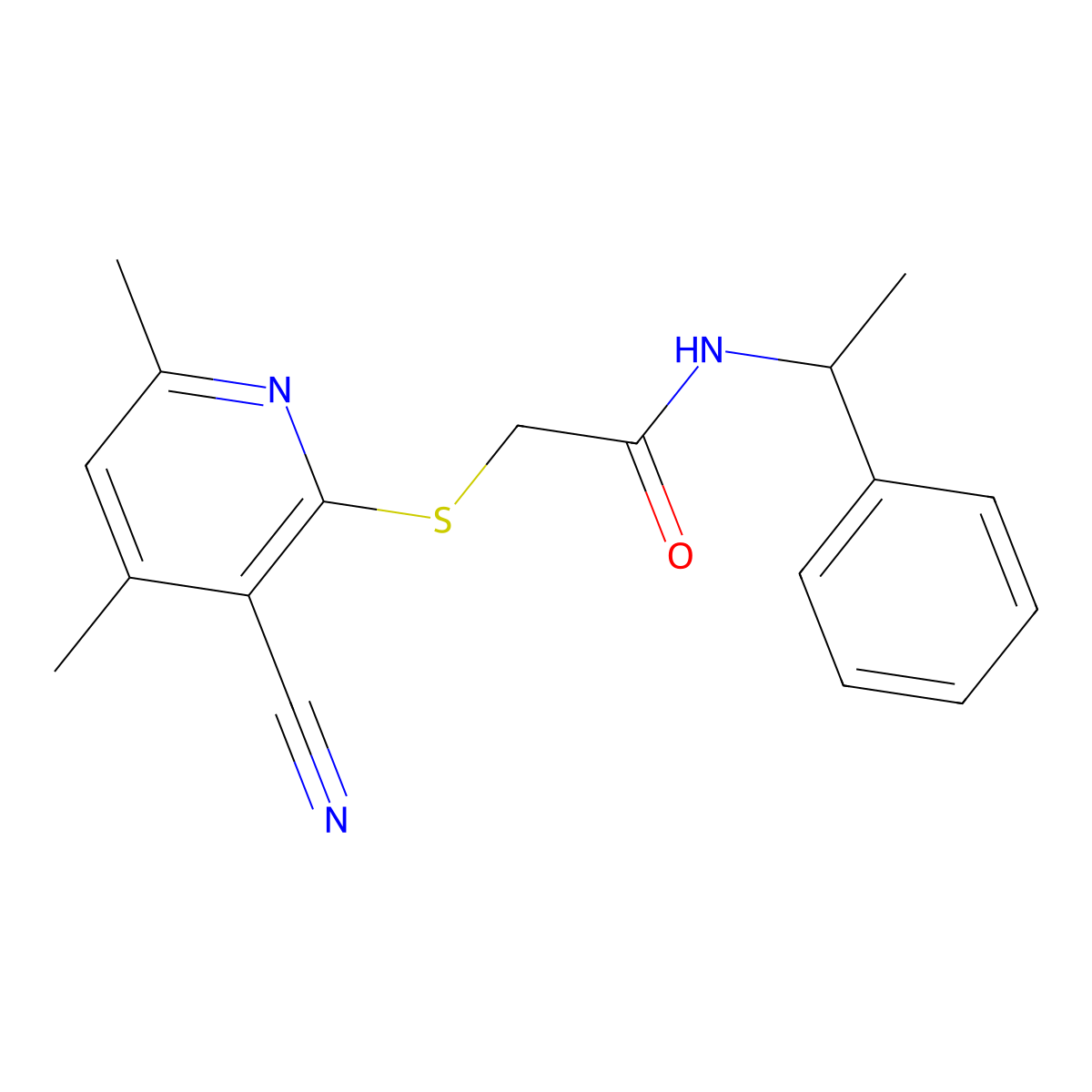 2-[(3-cyano-4,6-dimethylpyridin-2-yl)sulfanyl]-N-(1-phenylethyl)acetamide molecular structure, CAS 371138-50-0