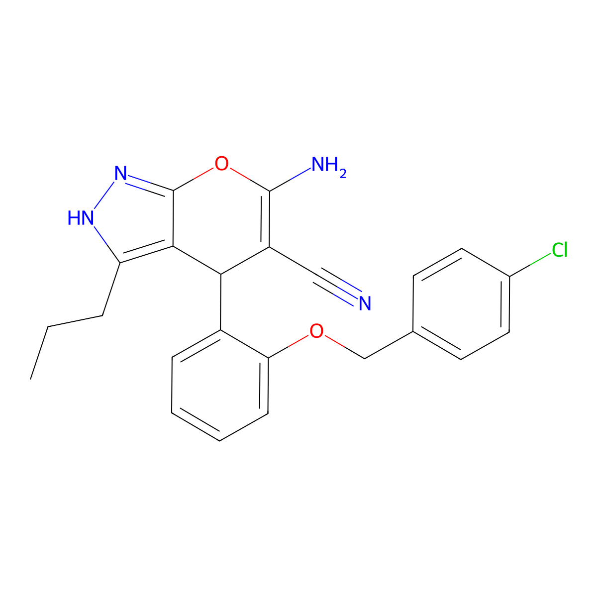 6-Amino-4-{2-[(4-chlorobenzyl)oxy]phenyl}-3-propyl-2,4-dihydropyrano[2,3-c]pyrazole-5-carbonitrile molecular structure, CAS 371138-91-9