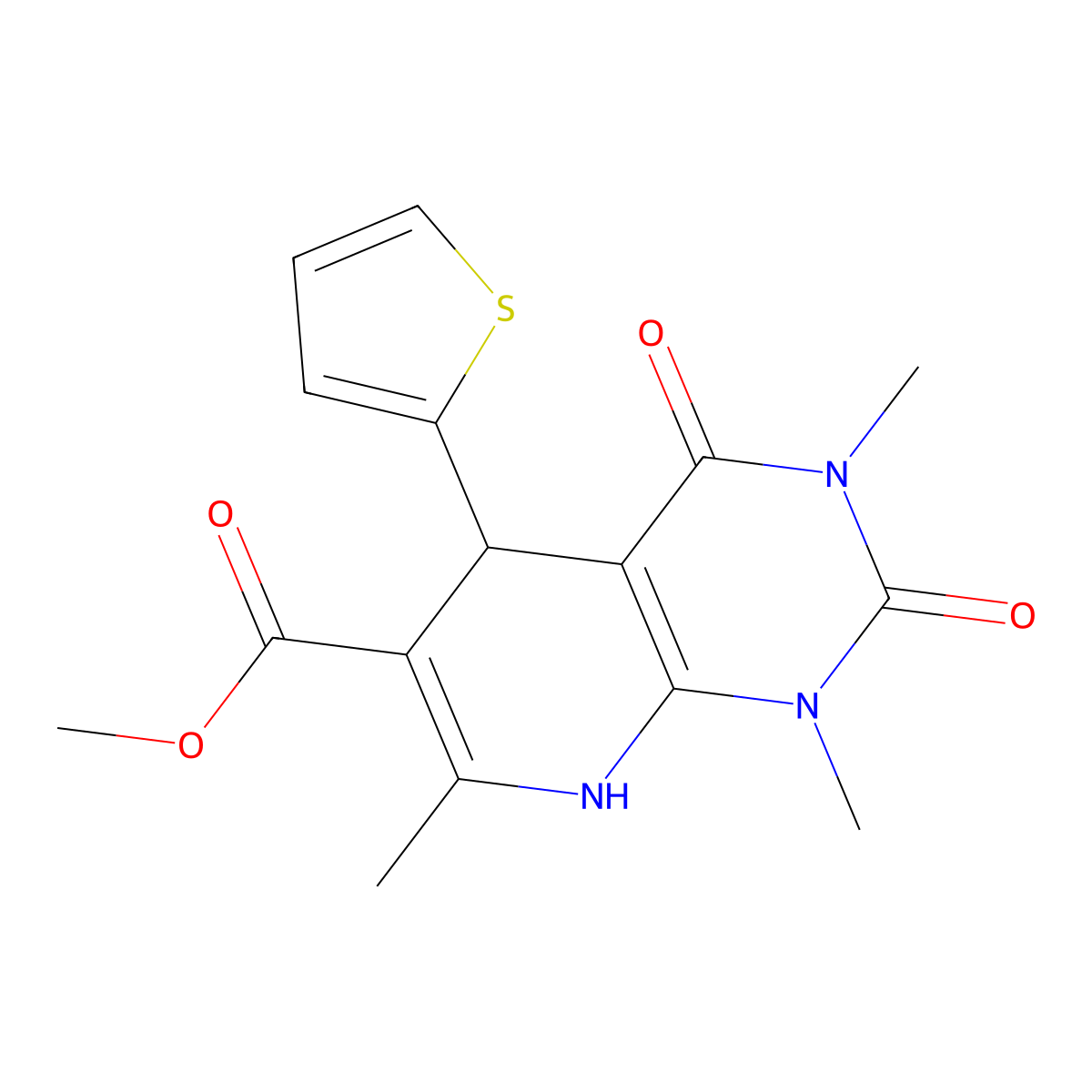 Methyl 1,3,7-trimethyl-2,4-dioxo-5-(thiophen-2-yl)-1,2,3,4,5,8-hexahydropyrido[2,3-d]pyrimidine-6-carboxylate molecular structure, CAS 371139-86-5