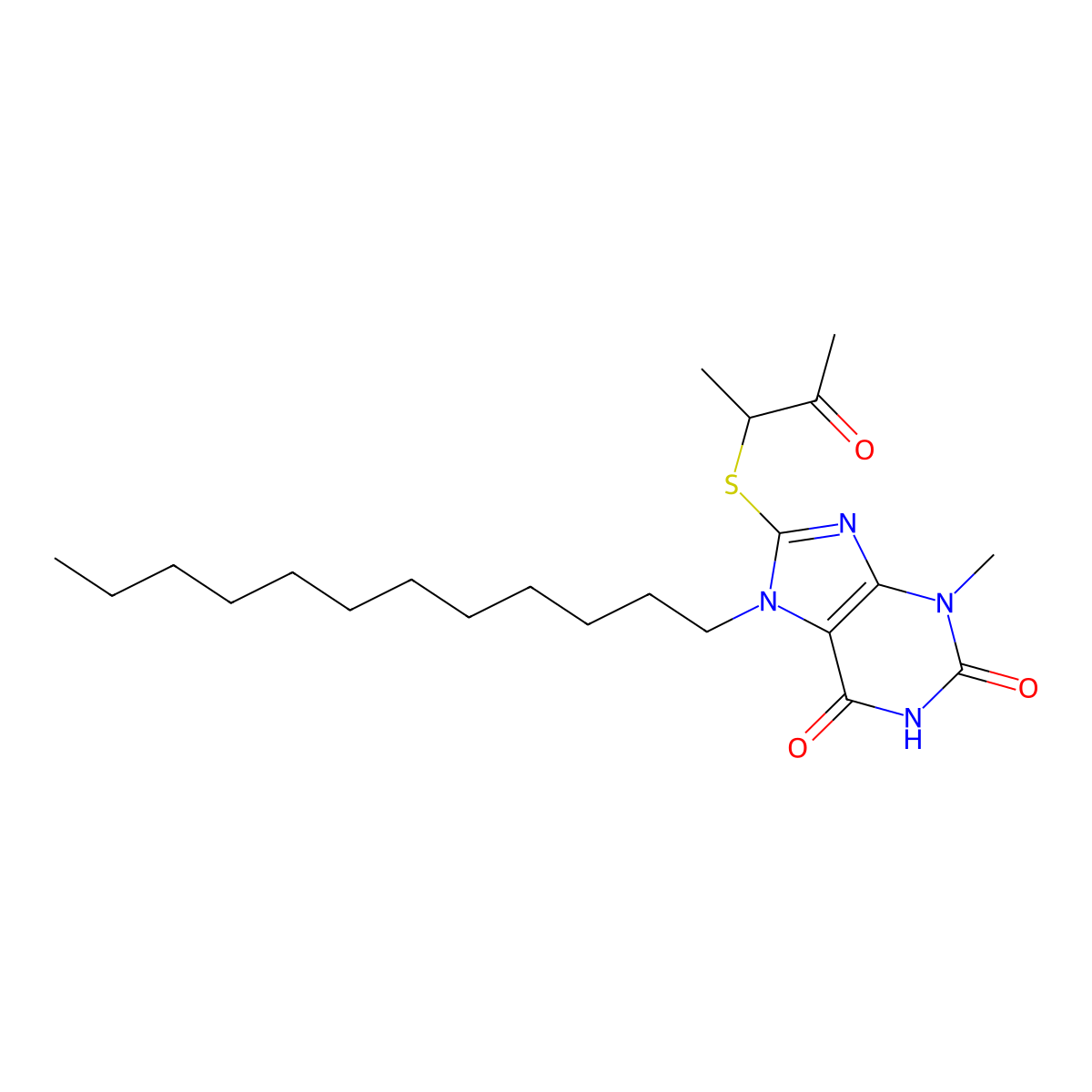 7-Dodecyl-3-methyl-8-(3-oxobutan-2-ylsulfanyl)purine-2,6-dione molecular structure, CAS 371140-04-4