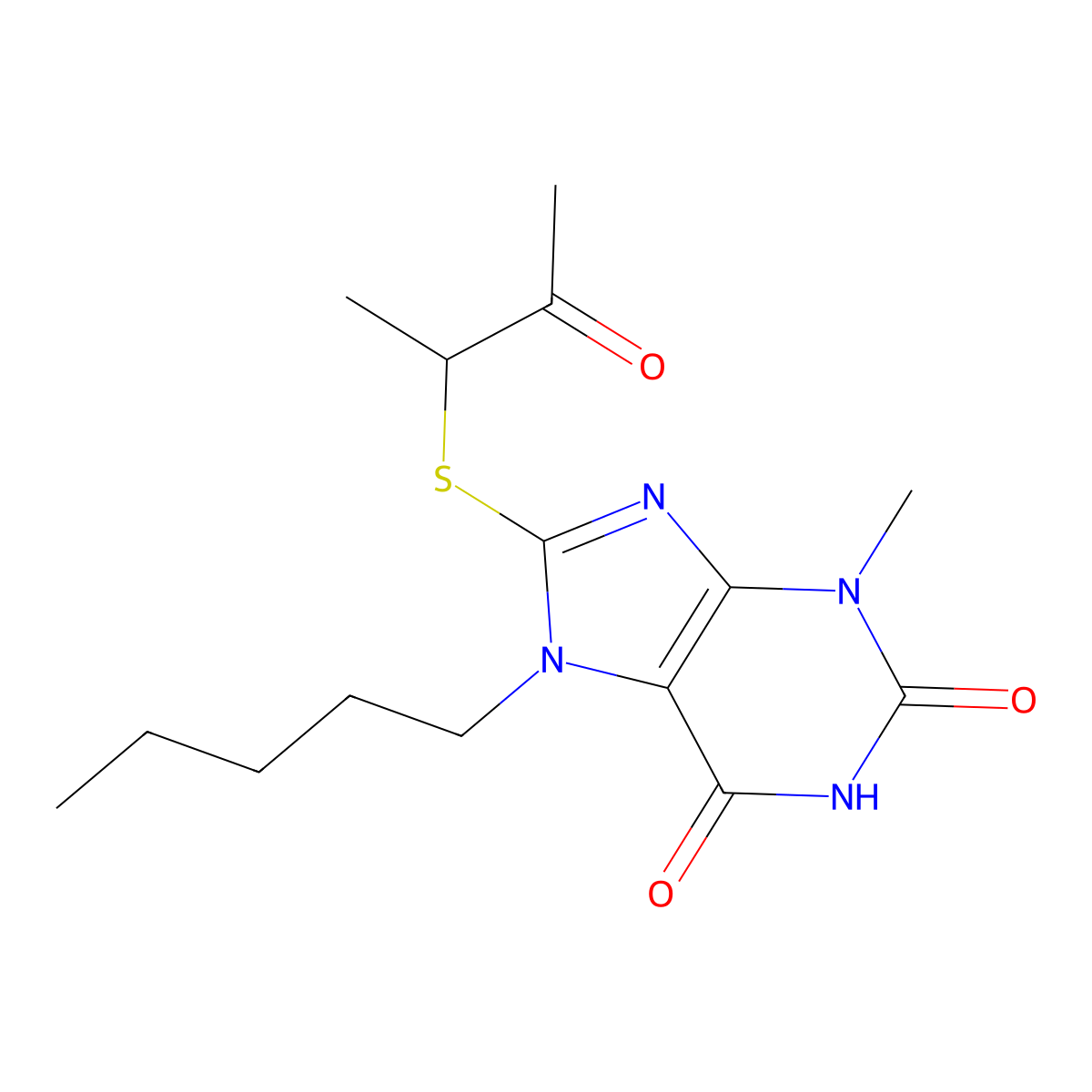 3-methyl-8-((3-oxobutan-2-yl)thio)-7-pentyl-1H-purine-2,6(3H,7H)-dione molecular structure, CAS 371140-22-6