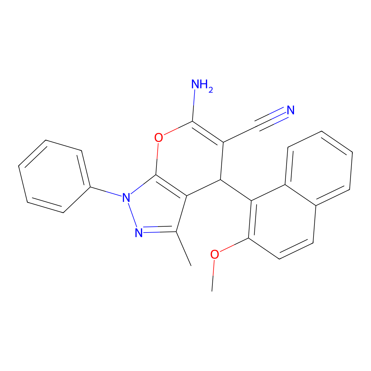 6-amino-4-(2-methoxynaphthalen-1-yl)-3-methyl-1-phenyl-4H-pyrano[2,3-c]pyrazole-5-carbonitrile molecular structure, CAS 371141-65-0