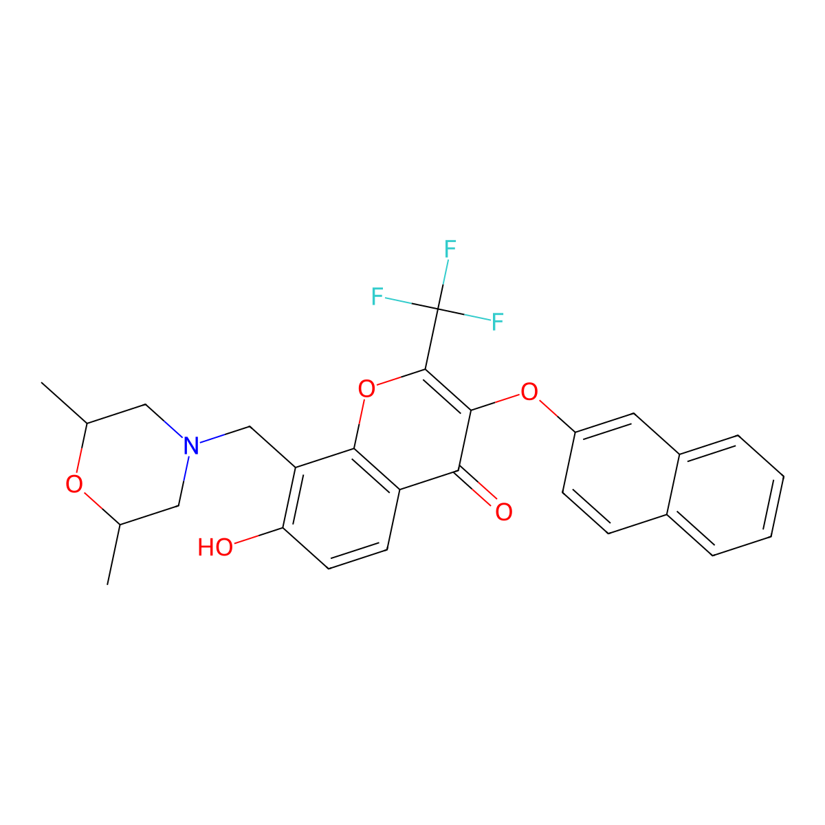 8-[(2,6-dimethylmorpholin-4-yl)methyl]-7-hydroxy-3-(naphthalen-2-yloxy)-2-(trifluoromethyl)-4H-chromen-4-one molecular structure, CAS 371141-73-0