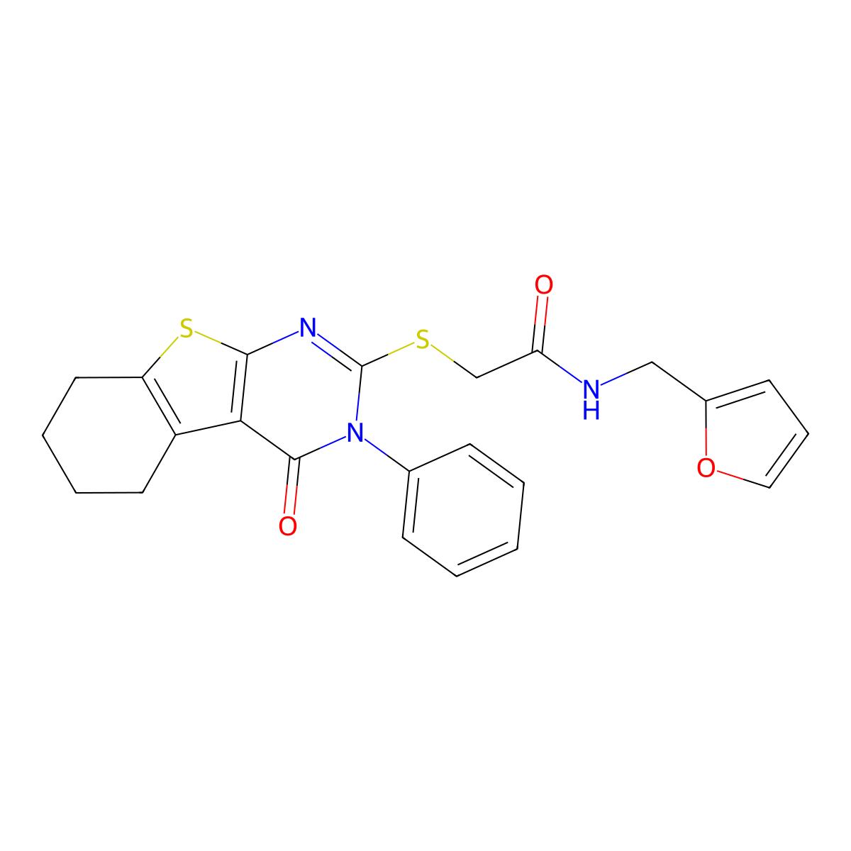 N-(furan-2-ylmethyl)-2-[(4-oxo-3-phenyl-5,6,7,8-tetrahydro-[1]benzothiolo[2,3-d]pyrimidin-2-yl)sulfanyl]acetamide molecular structure, CAS 371141-95-6