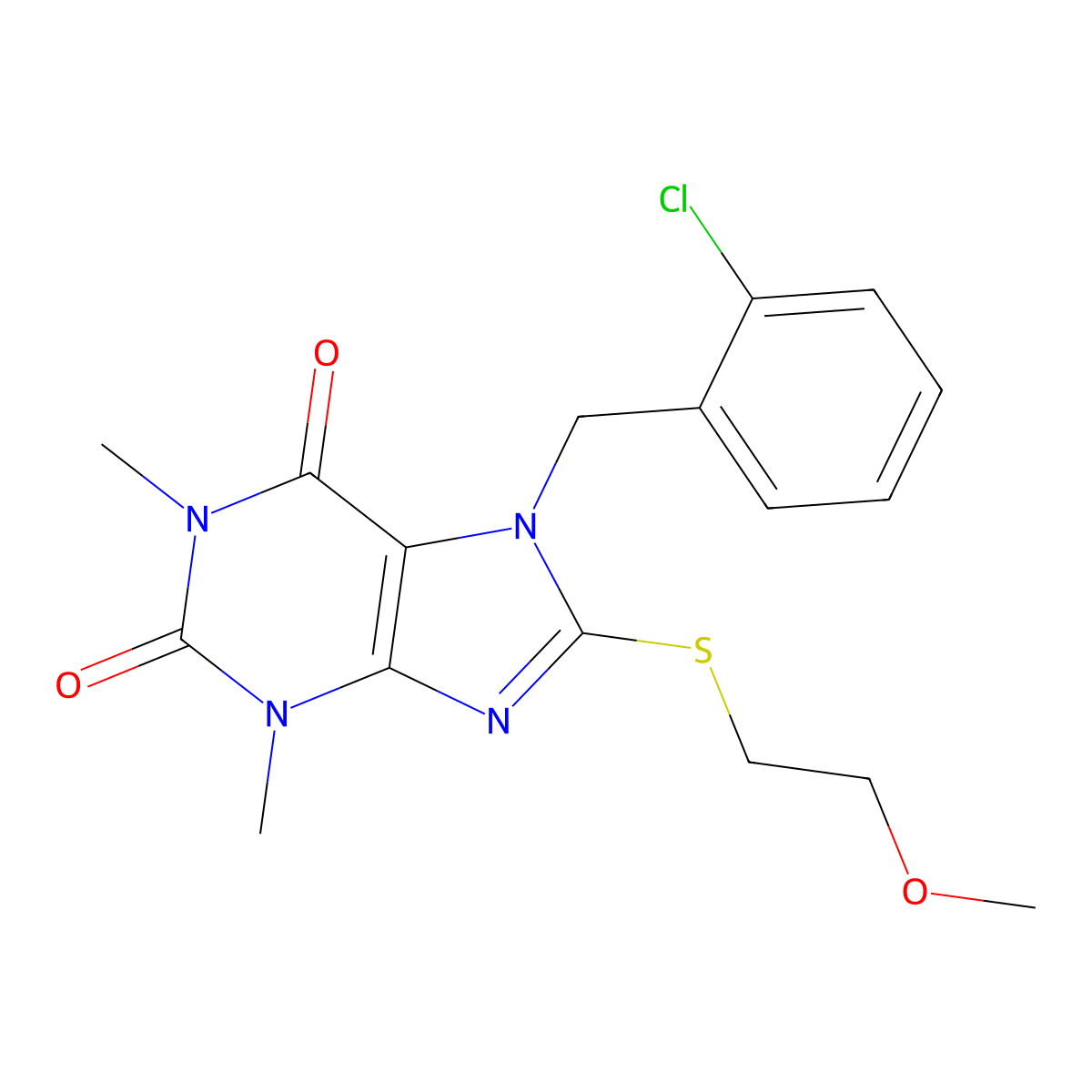 7-(2-chlorobenzyl)-8-((2-methoxyethyl)thio)-1,3-dimethyl-1H-purine-2,6(3H,7H)-dione molecular structure, CAS 371142-07-3