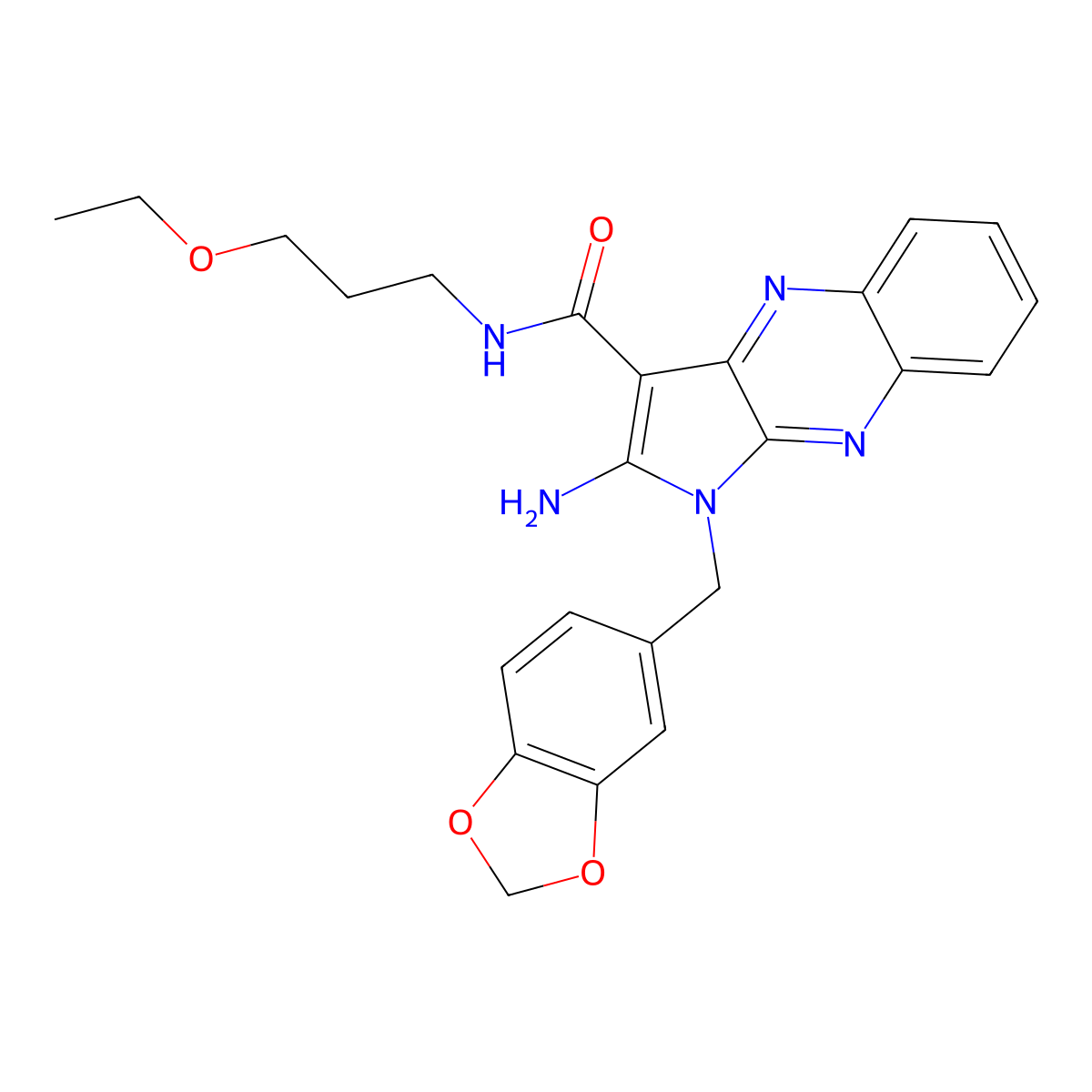 2-amino-1-(benzo[d][1,3]dioxol-5-ylmethyl)-N-(3-ethoxypropyl)-1H-pyrrolo[2,3-b]quinoxaline-3-carboxamide molecular structure, CAS 371142-98-2
