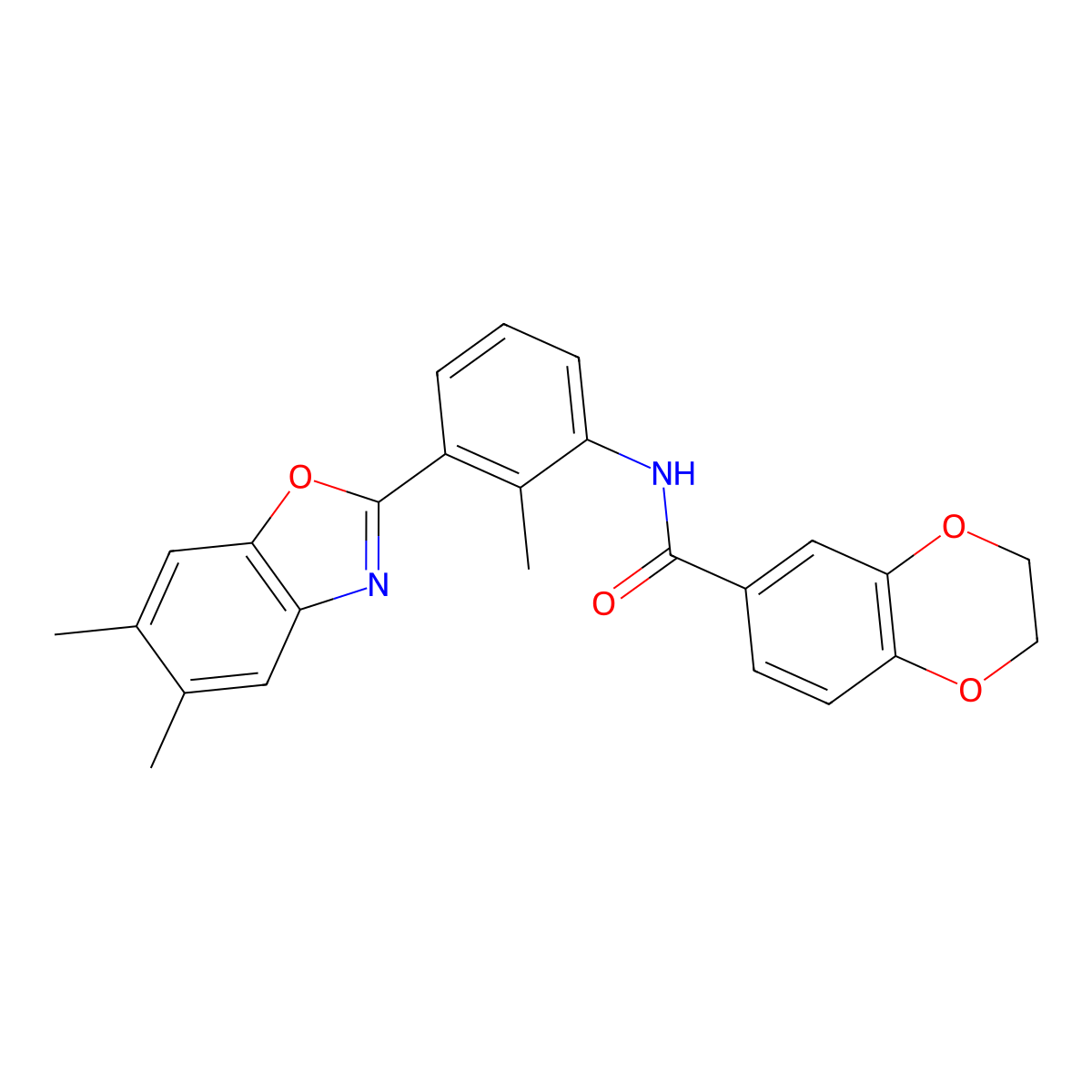 N-[3-(5,6-dimethyl-1,3-benzoxazol-2-yl)-2-methylphenyl]-2,3-dihydro-1,4-benzodioxine-6-carboxamide molecular structure, CAS 371143-54-3
