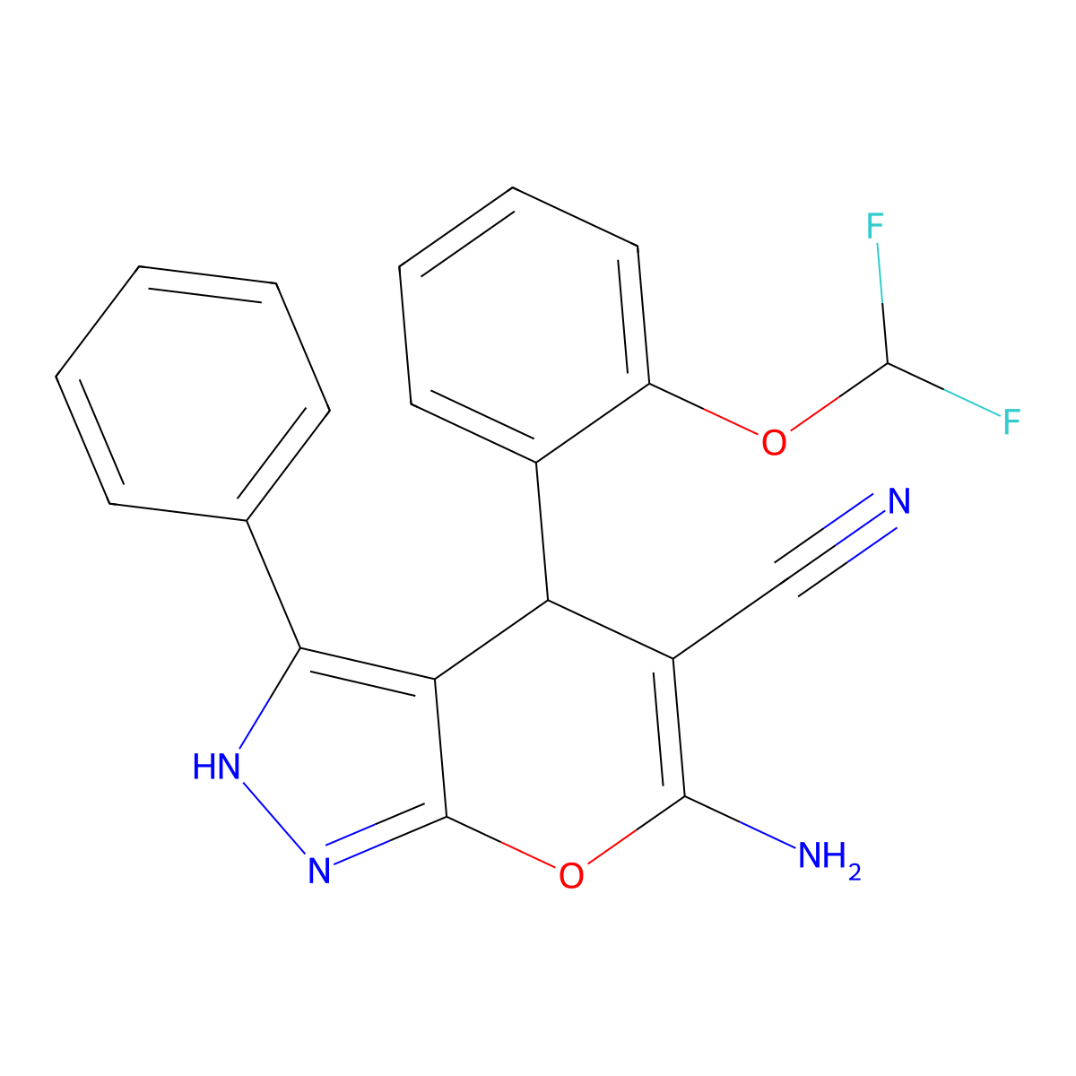 6-Amino-4-[2-(difluoromethoxy)phenyl]-3-phenyl-2,4-dihydropyrano[2,3-c]pyrazole-5-carbonitrile molecular structure, CAS 371143-89-4