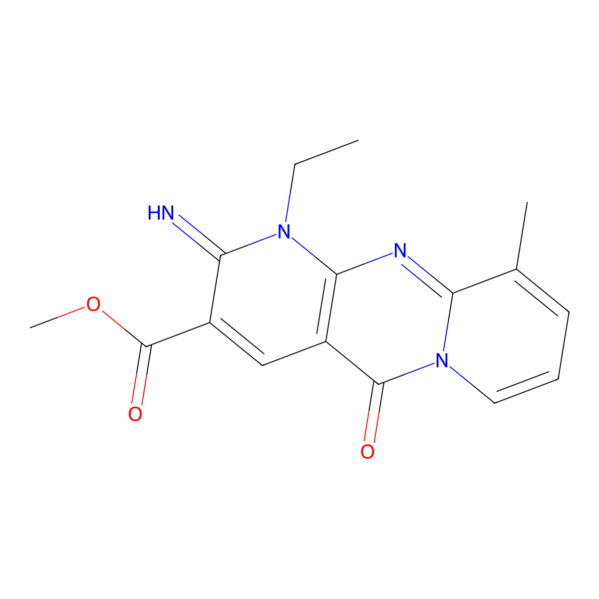 Methyl 1-ethyl-2-imino-10-methyl-5-oxo-1,5-dihydro-2H-dipyrido[1,2-A:2,3-D]pyrimidine-3-carboxylate molecular structure, CAS 371144-06-8