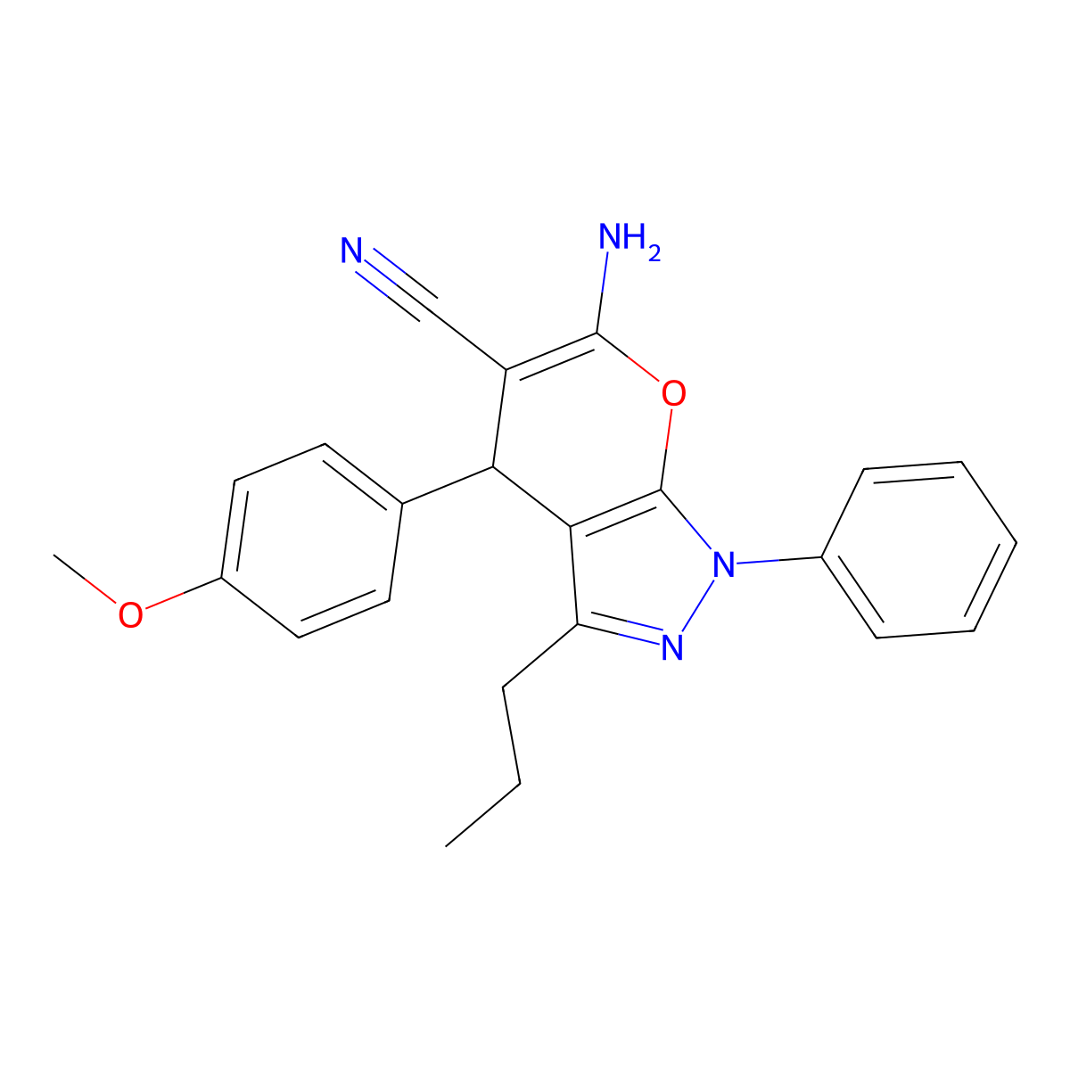6-Amino-4-(4-methoxyphenyl)-1-phenyl-3-propyl-1,4-dihydropyrano[2,3-c]pyrazole-5-carbonitrile molecular structure, CAS 371144-66-0