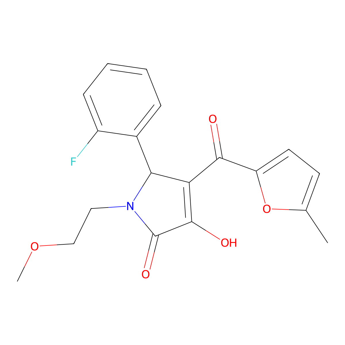 (4E)-5-(2-fluorophenyl)-4-[hydroxy(5-methylfuran-2-yl)methylidene]-1-(2-methoxyethyl)pyrrolidine-2,3-dione molecular structure, CAS 371145-08-3