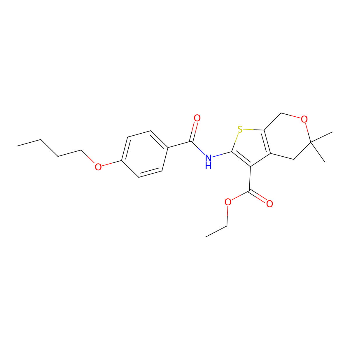 ethyl 2-(4-butoxybenzamido)-5,5-dimethyl-5,7-dihydro-4H-thieno[2,3-c]pyran-3-carboxylate molecular structure, CAS 371198-49-1