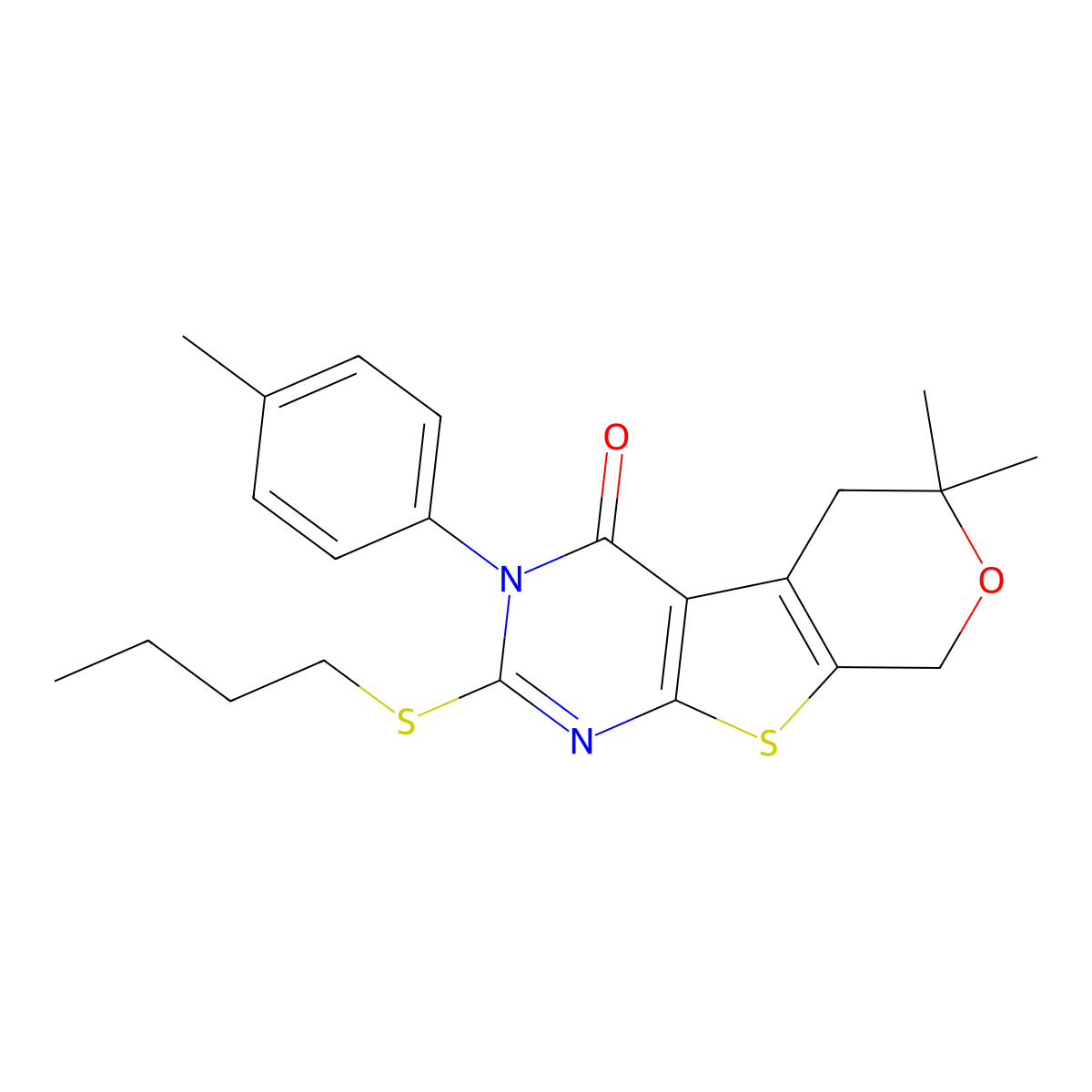 2-(butylsulfanyl)-6,6-dimethyl-3-(4-methylphenyl)-3,5,6,8-tetrahydro-4H-pyrano[4',3':4,5]thieno[2,3-d]pyrimidin-4-one molecular structure, CAS 371199-93-8