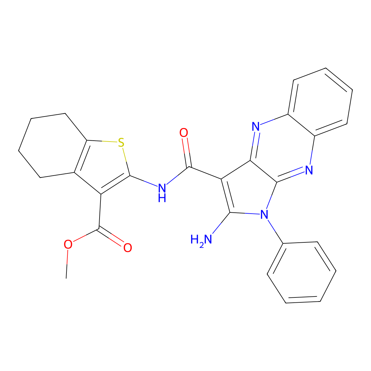 methyl 2-{[(2-amino-1-phenyl-1H-pyrrolo[2,3-b]quinoxalin-3-yl)carbonyl]amino}-4,5,6,7-tetrahydro-1-benzothiophene-3-carboxylate molecular structure, CAS 371201-98-8
