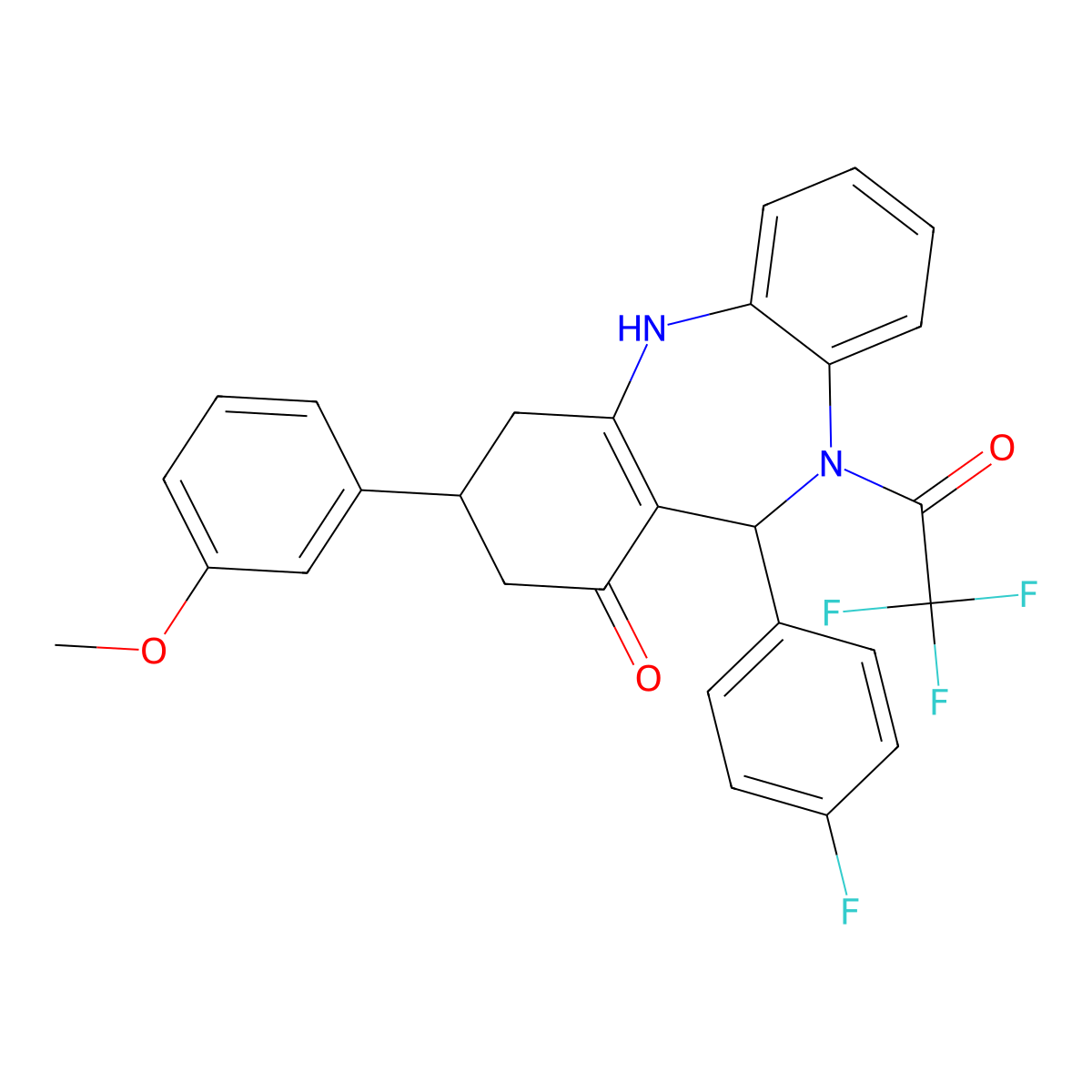 6-(4-fluorophenyl)-9-(3-methoxyphenyl)-5-(2,2,2-trifluoroacetyl)-8,9,10,11-tetrahydro-6H-benzo[b][1,4]benzodiazepin-7-one molecular structure, CAS 371202-37-8