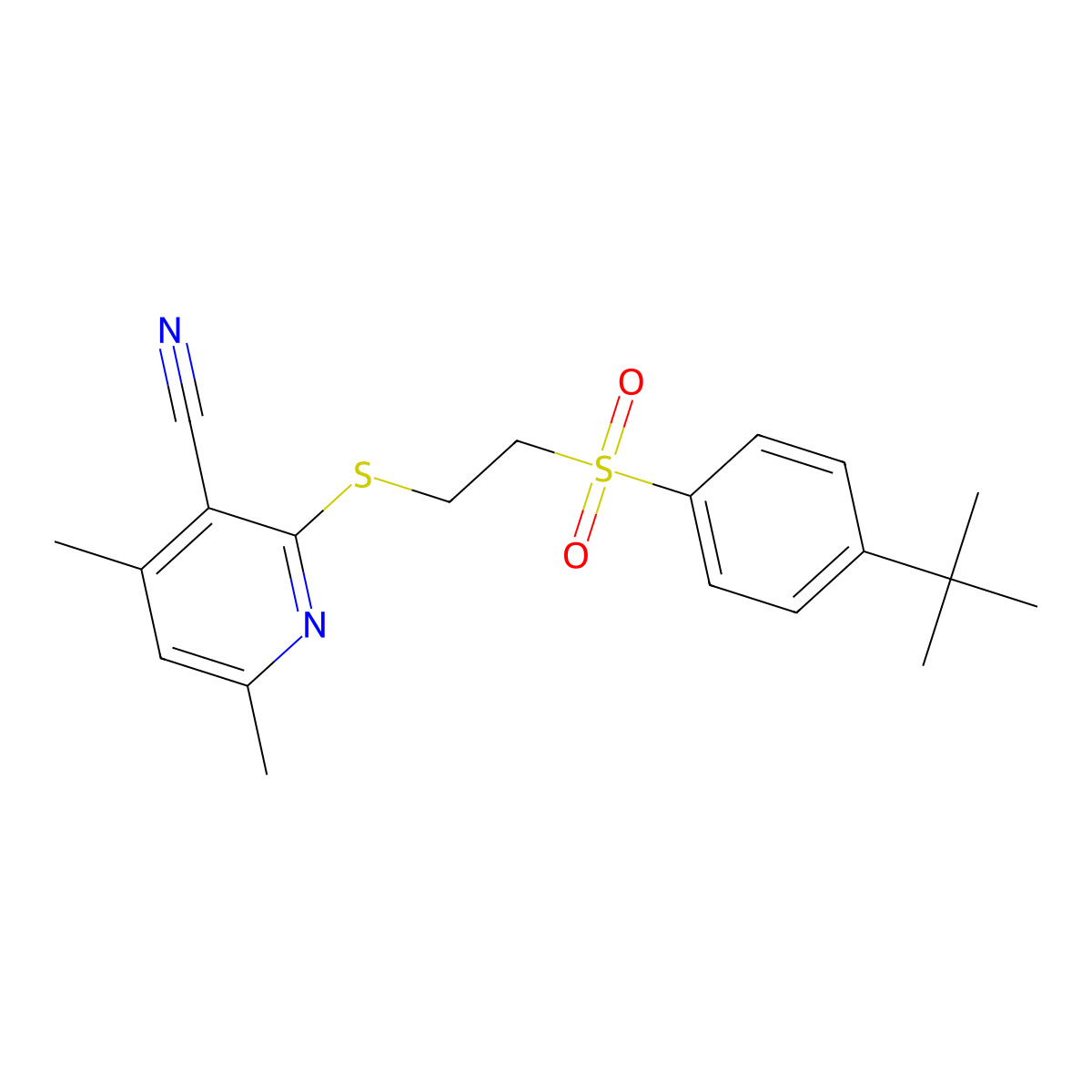 2-({2-[(4-Tert-butylphenyl)sulfonyl]ethyl}thio)-4,6-dimethylnicotinonitrile molecular structure, CAS 371203-57-5