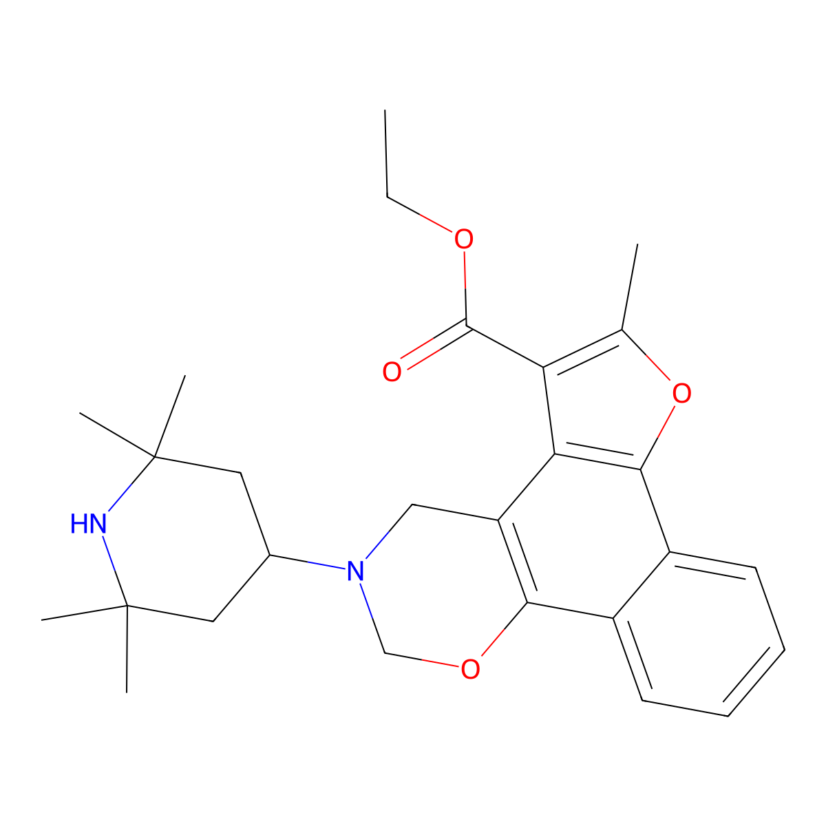 ethyl 6-methyl-3-(2,2,6,6-tetramethylpiperidin-4-yl)-3,4-dihydro-2H-furo[3',2':3,4]naphtho[2,1-e][1,3]oxazine-5-carboxylate molecular structure, CAS 371204-59-0
