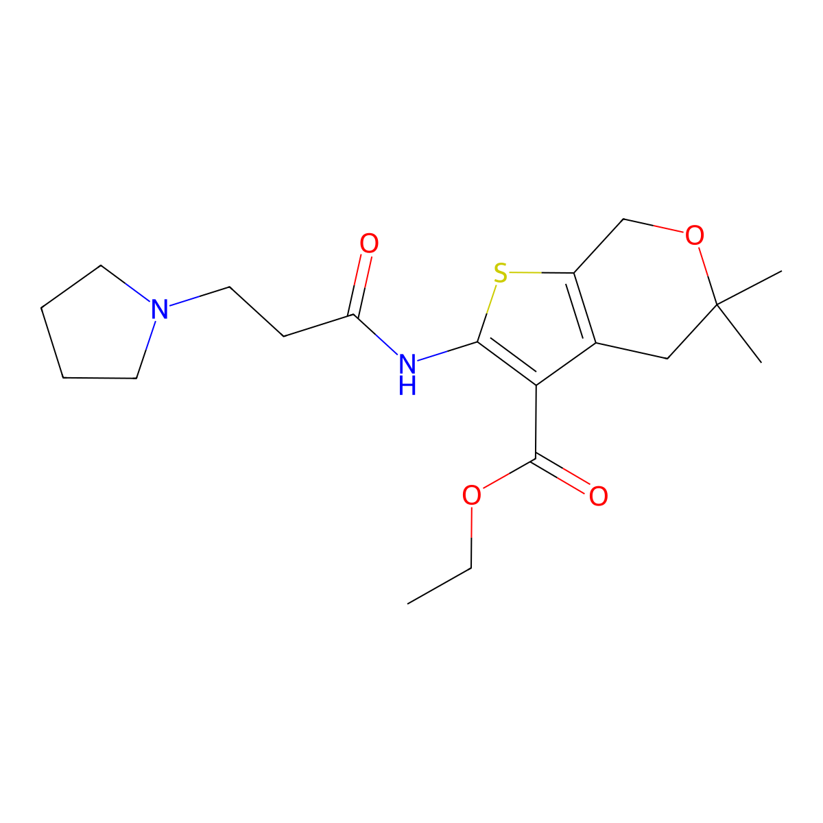 ethyl 5,5-dimethyl-2-(3-(pyrrolidin-1-yl)propanamido)-5,7-dihydro-4H-thieno[2,3-c]pyran-3-carboxylate molecular structure, CAS 371204-67-0