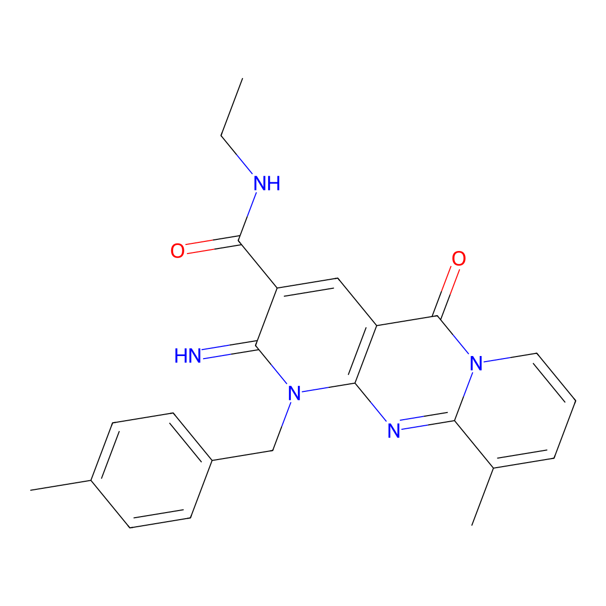 N-ethyl-2-imino-10-methyl-1-[(4-methylphenyl)methyl]-5-oxo-3-dipyrido[3,4-c:1',2'-f]pyrimidinecarboxamide molecular structure, CAS 371205-50-4