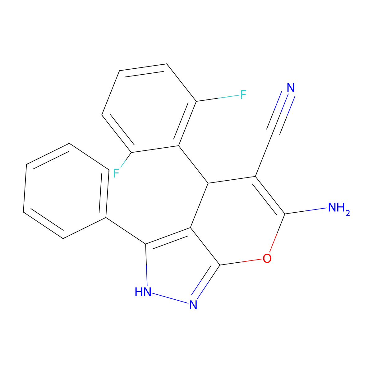 6-Amino-4-(2,6-difluorophenyl)-3-phenyl-2,4-dihydropyrano[2,3-c]pyrazole-5-carbonitrile molecular structure, CAS 371205-58-2
