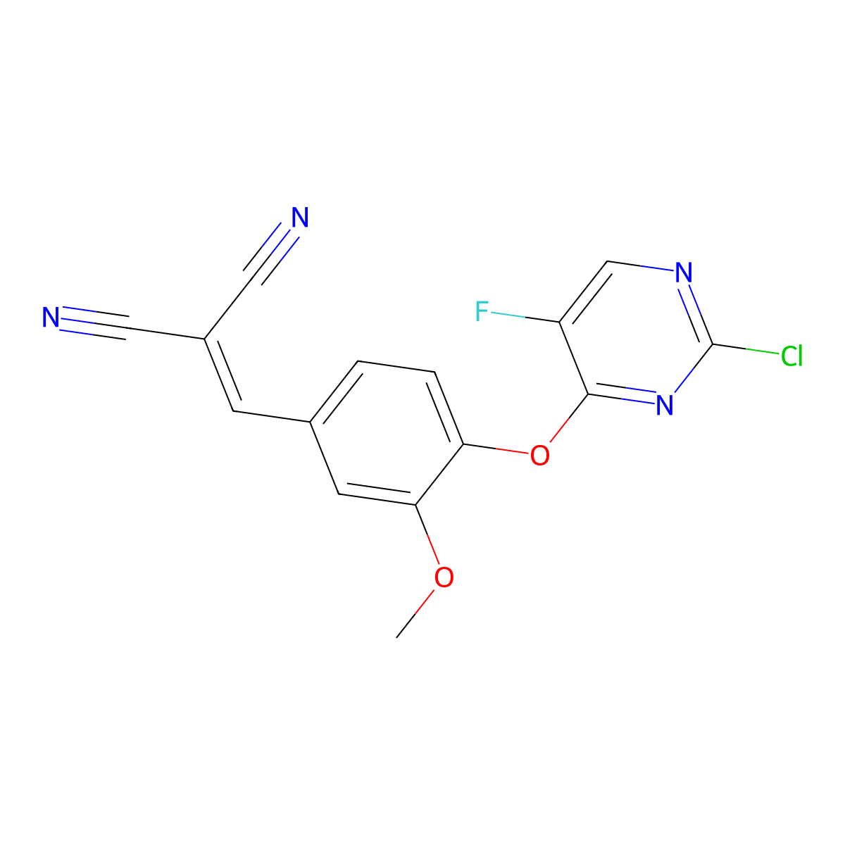 {4-[(2-Chloro-5-fluoropyrimidin-4-yl)oxy]-3-methoxybenzylidene}propanedinitrile molecular structure, CAS 371205-60-6