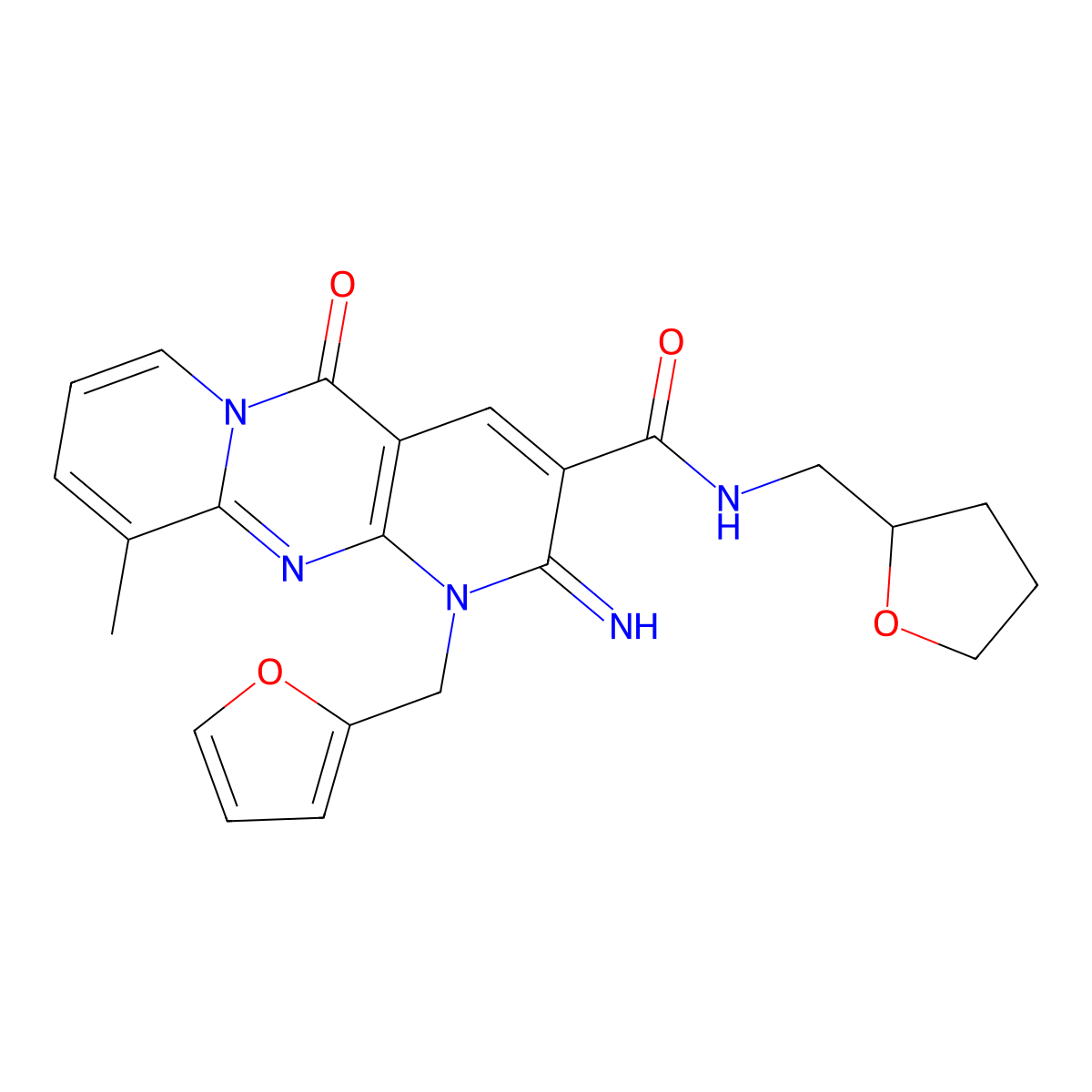 7-[(furan-2-yl)methyl]-6-imino-11-methyl-2-oxo-N-[(oxolan-2-yl)methyl]-1,7,9-triazatricyclo[8.4.0.0^{3,8}]tetradeca-3(8),4,9,11,13-pentaene-5-carboxamide molecular structure, CAS 371205-63-9