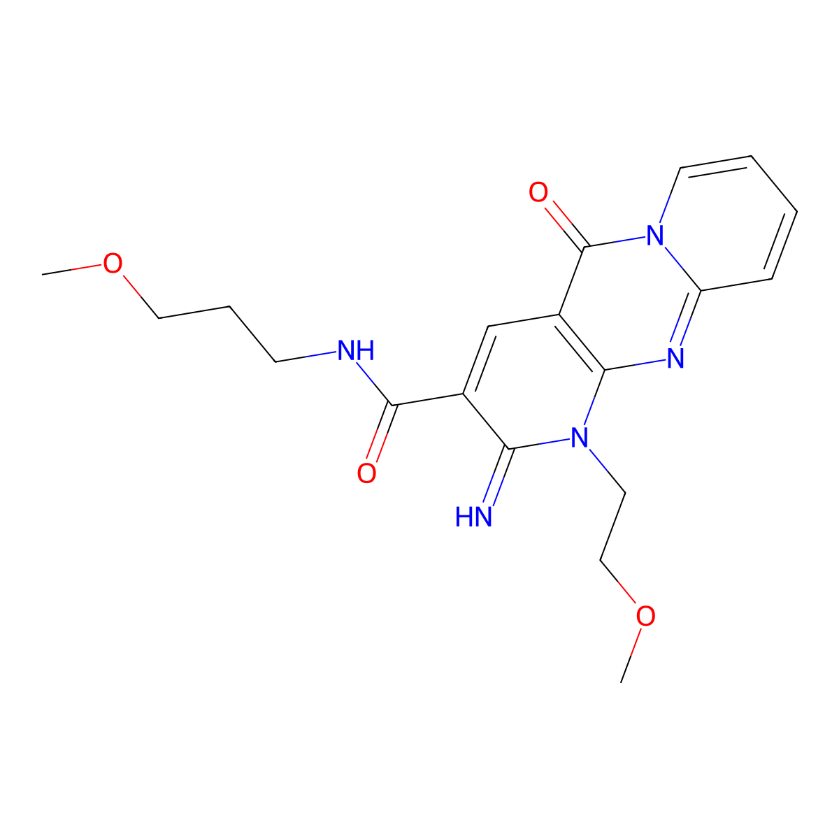2-Imino-1-(2-methoxyethyl)-N-(3-methoxypropyl)-5-oxo-1,5-dihydro-2H-dipyrido[1,2-A:2,3-D]pyrimidine-3-carboxamide molecular structure, CAS 371205-86-6