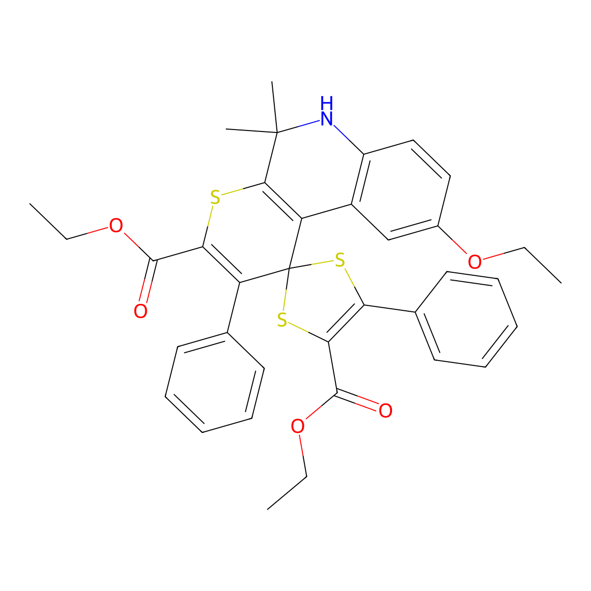 Diethyl 9'-ethoxy-5',5'-dimethyl-2',5-diphenyl-5',6'-dihydrospiro[1,3-dithiole-2,1'-thiopyrano[2,3-c]quinoline]-3',4-dicarboxylate molecular structure, CAS 371206-04-1