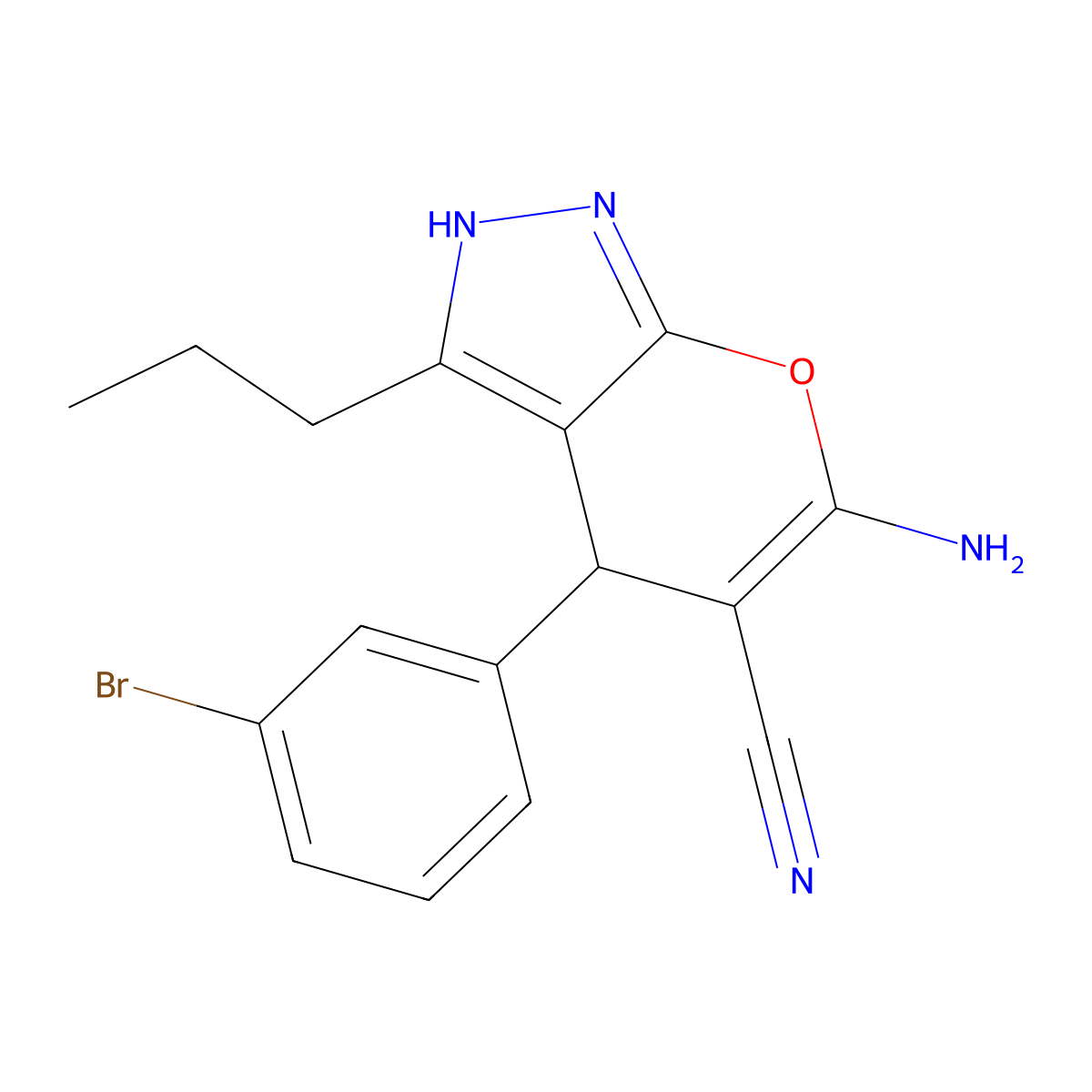 6-Amino-4-(3-bromophenyl)-3-propyl-1,4-dihydropyrano[2,3-c]pyrazole-5-carbonitrile molecular structure, CAS 371206-29-0