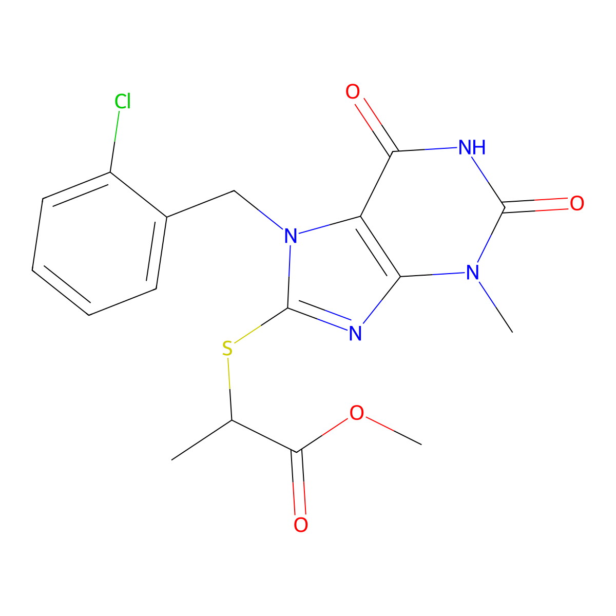 Methyl 2-[7-[(2-chlorophenyl)methyl]-3-methyl-2,6-dioxopurin-8-yl]sulfanylpropanoate molecular structure, CAS 371206-30-3