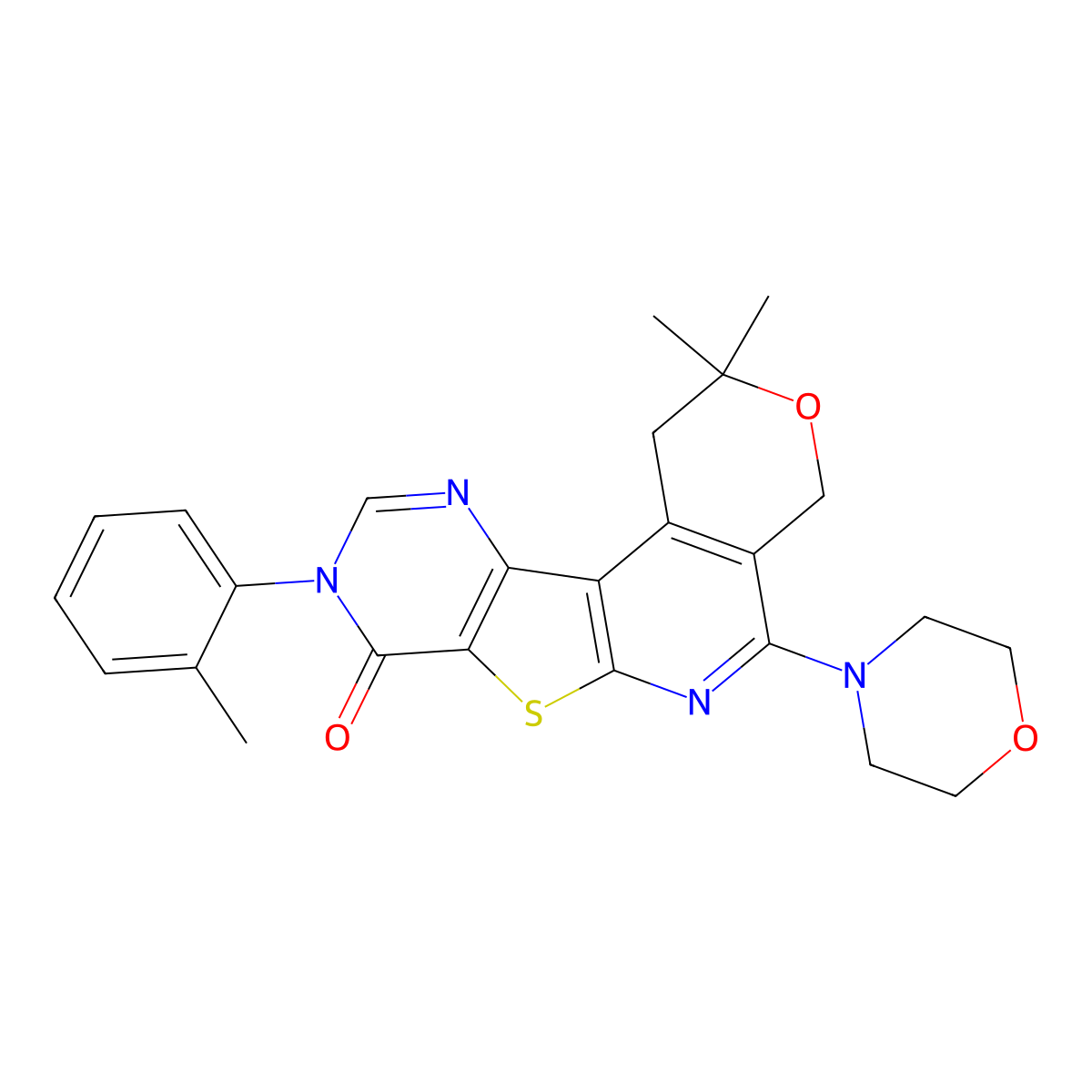 2,2-dimethyl-5-morpholino-9-(o-tolyl)-4,9-dihydro-1H-pyrano[4'',3'':4',5']pyrido[3',2':4,5]thieno[3,2-d]pyrimidin-8(2H)-one molecular structure, CAS 371206-75-6
