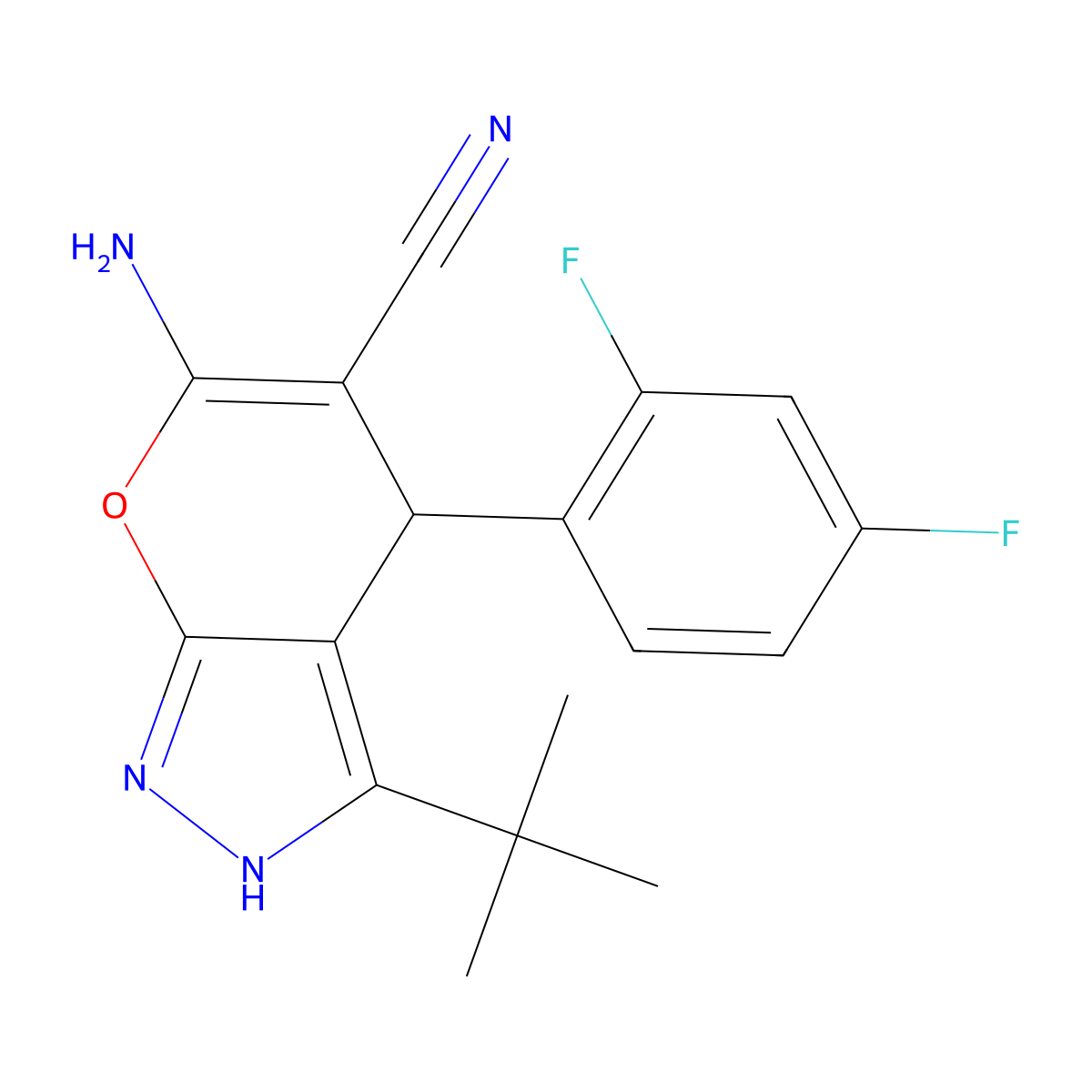 6-Amino-3-tert-butyl-4-(2,4-difluorophenyl)-1,4-dihydropyrano[2,3-c]pyrazole-5-carbonitrile molecular structure, CAS 371206-77-8