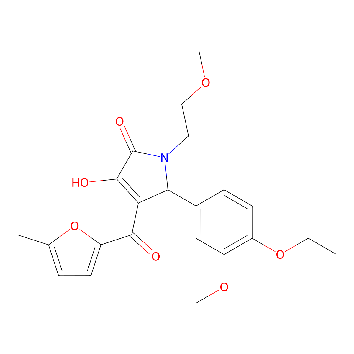 (4E)-5-(4-ethoxy-3-methoxyphenyl)-4-[hydroxy(5-methylfuran-2-yl)methylidene]-1-(2-methoxyethyl)pyrrolidine-2,3-dione molecular structure, CAS 371207-13-5