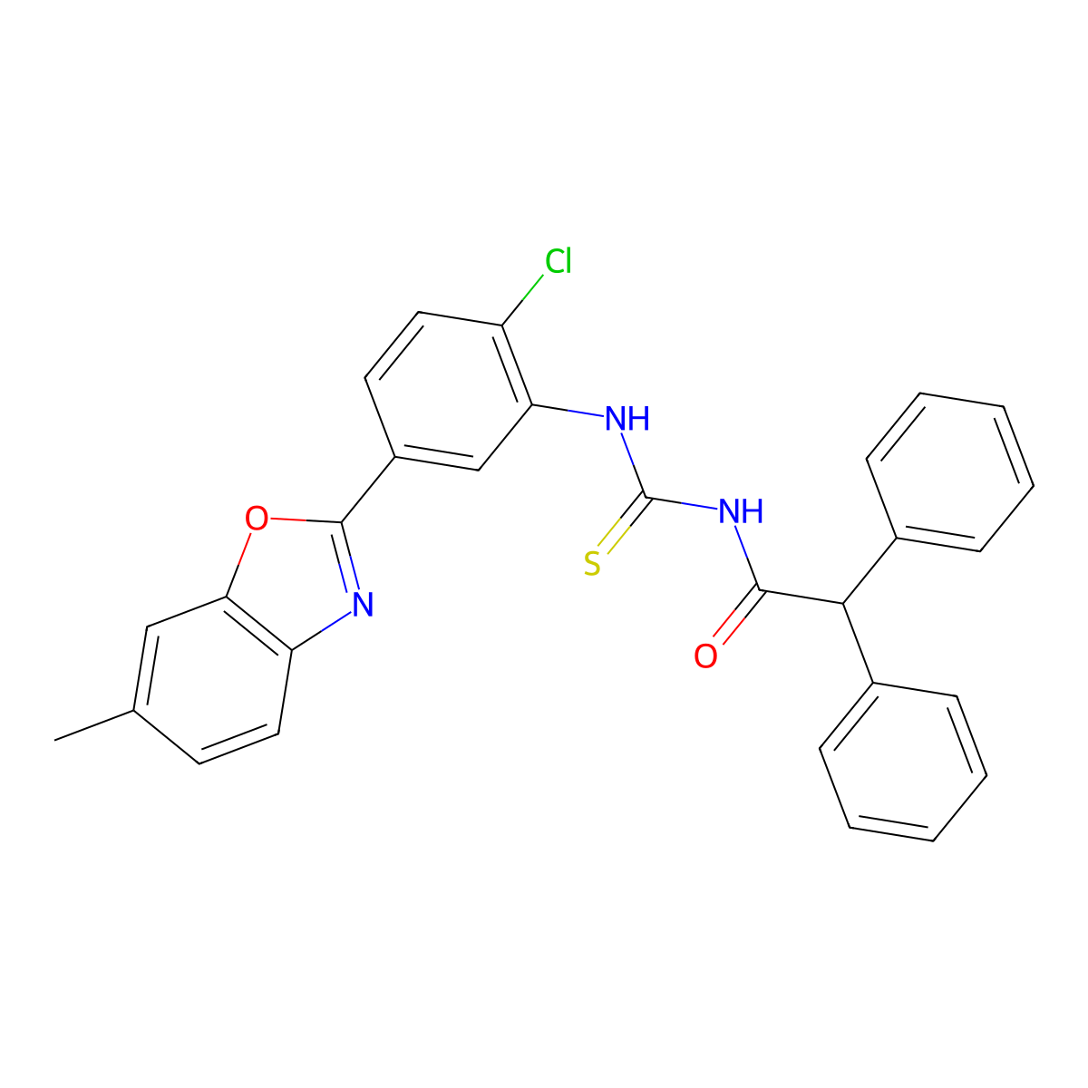 N-[[2-chloro-5-(6-methyl-1,3-benzoxazol-2-yl)phenyl]carbamothioyl]-2,2-diphenylacetamide molecular structure, CAS 371207-80-6
