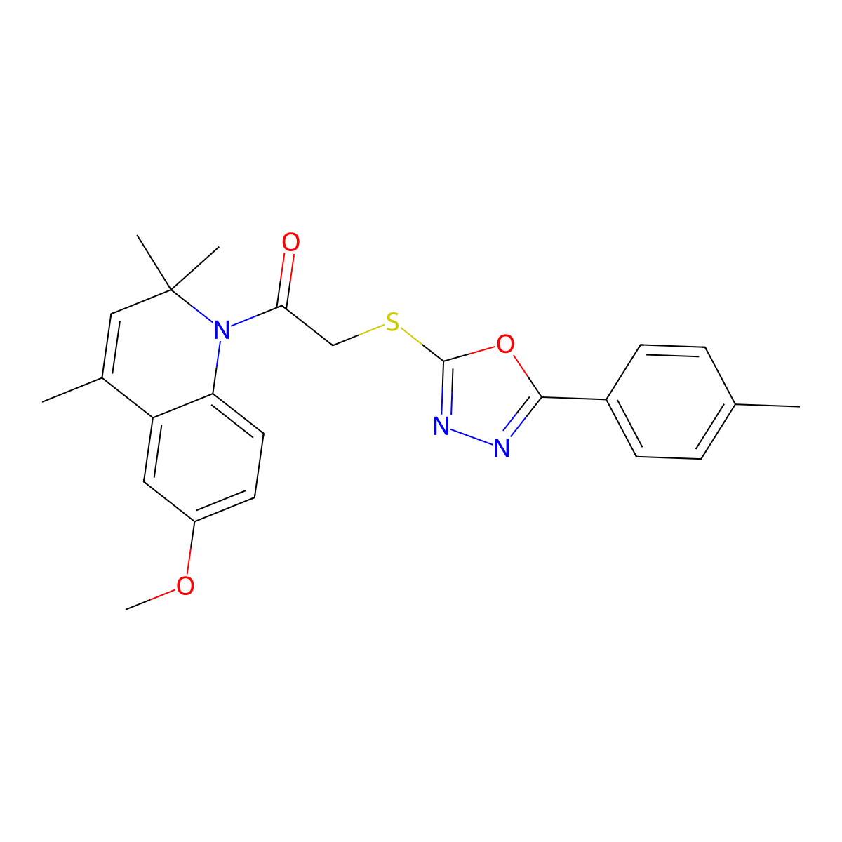 1-(6-Methoxy-2,2,4-trimethyl-1-quinolinyl)-2-[[5-(4-methylphenyl)-1,3,4-oxadiazol-2-yl]thio]ethanone molecular structure, CAS 371208-03-6