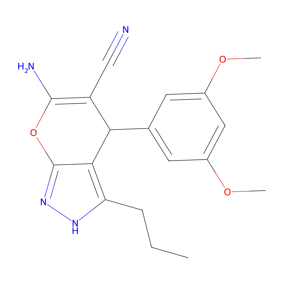 6-Amino-4-(3,5-dimethoxyphenyl)-3-propyl-1,4-dihydropyrano[2,3-c]pyrazole-5-carbonitrile molecular structure, CAS 371209-33-5